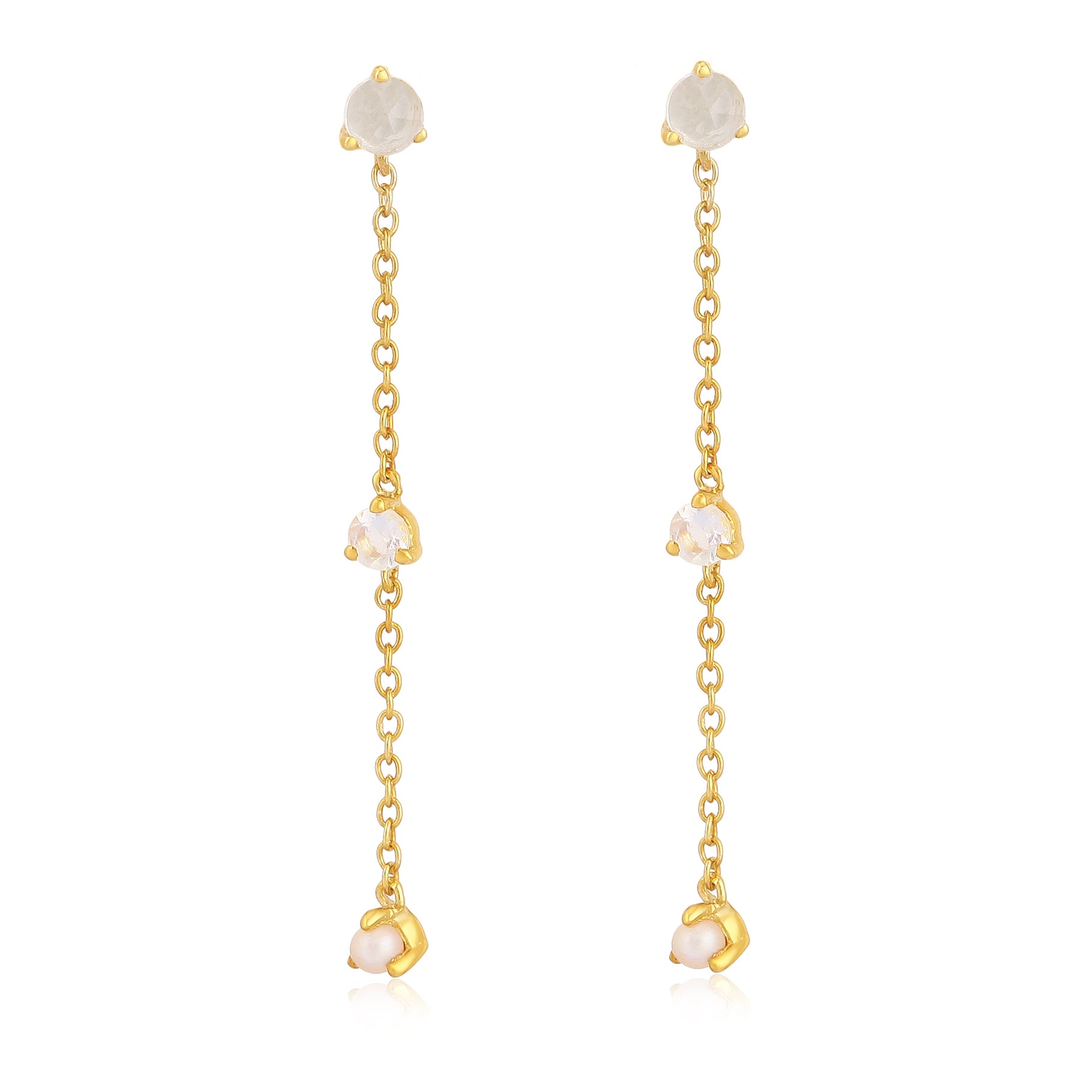 The OPHELIA Gemstone Waterfall Studs by Crystal Heaven London are exquisite gold chain drop earrings, each featuring three pearl-like stones that elegantly evoke a waterfall design.