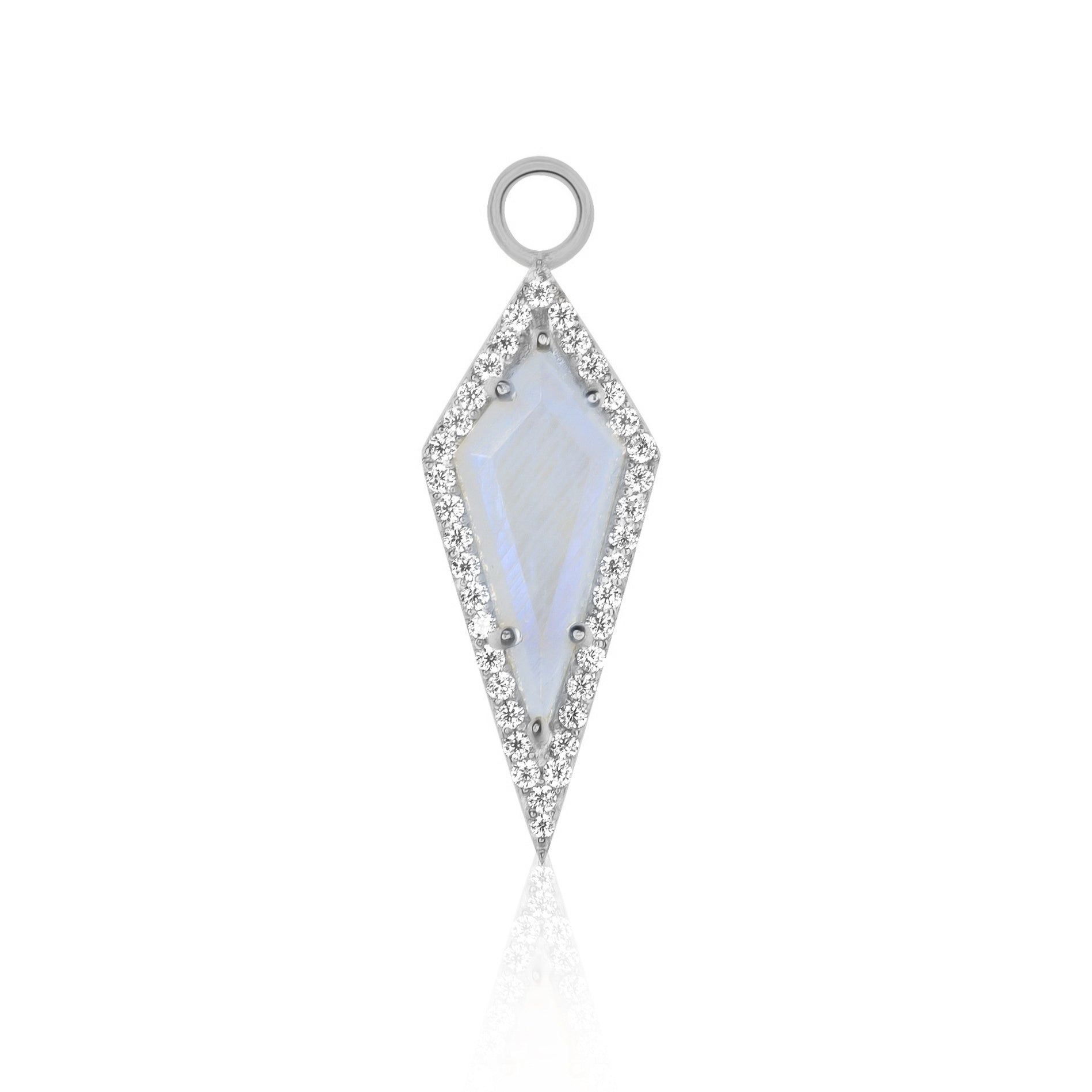 The AURA Moonstone Pavé Kite Charm by Crystal Heaven London features a rhombus design with a moonstone at its center, surrounded by pavé crystals and completed with a circular loop, making it an elegant addition to any collection.