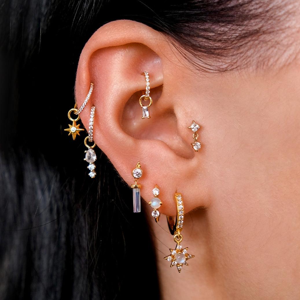 Moonstone Gemstone Dangle Labret Piercing Stud - 14K Solid Yellow Gold