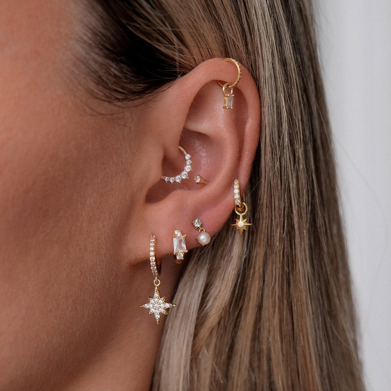 Stacked Crystal Huggie Hoop Earring, 6mm, 925 Sterling Silver