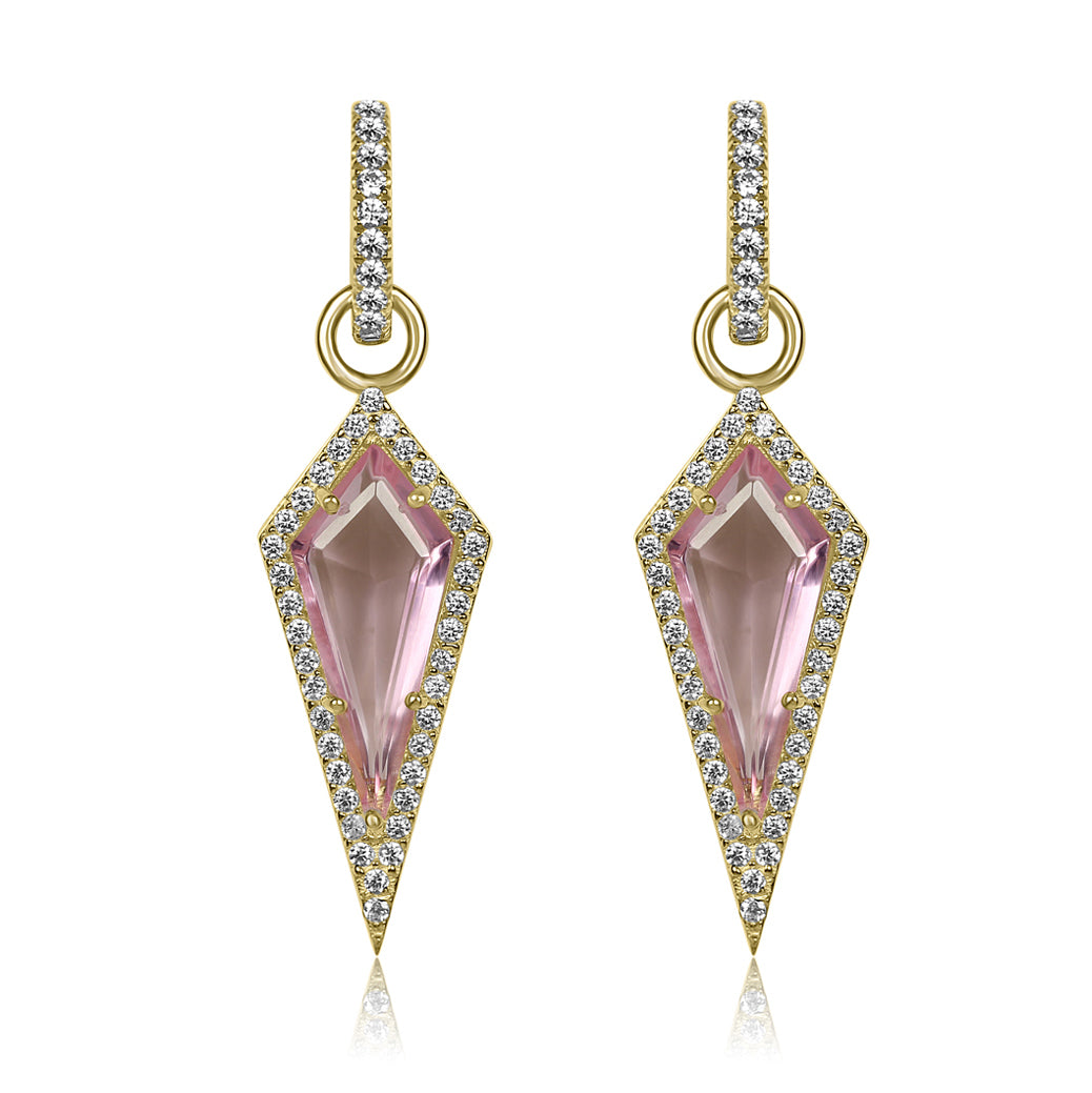 Pair of diamond-shaped pink earrings with gold and clear gemstone accents on a white background