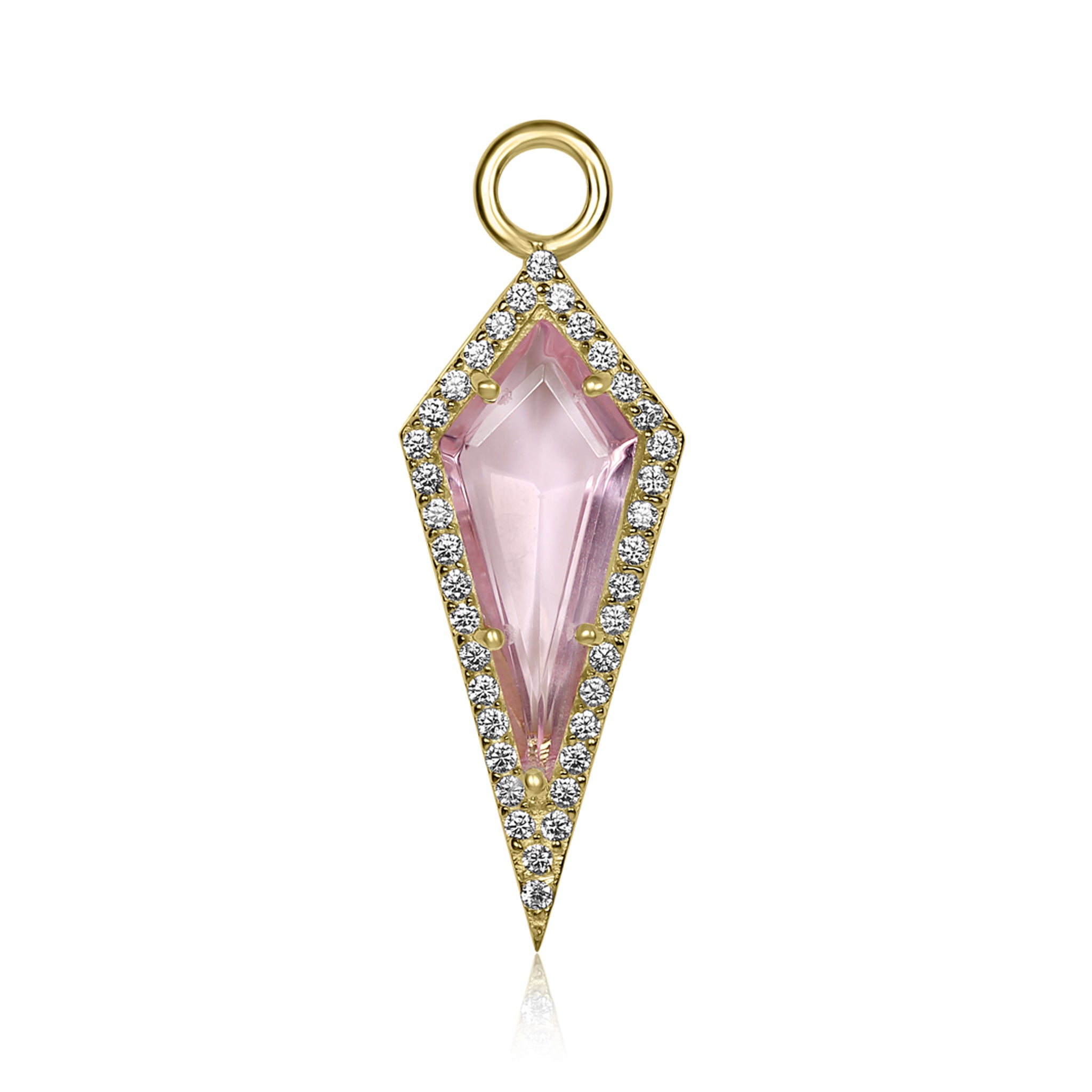 Gold pendant with pink gemstone and clear stones on a white background