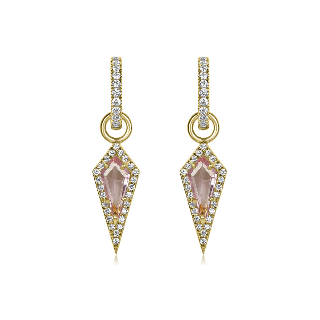 Gold earrings with pink gemstones and clear stones on a white background
