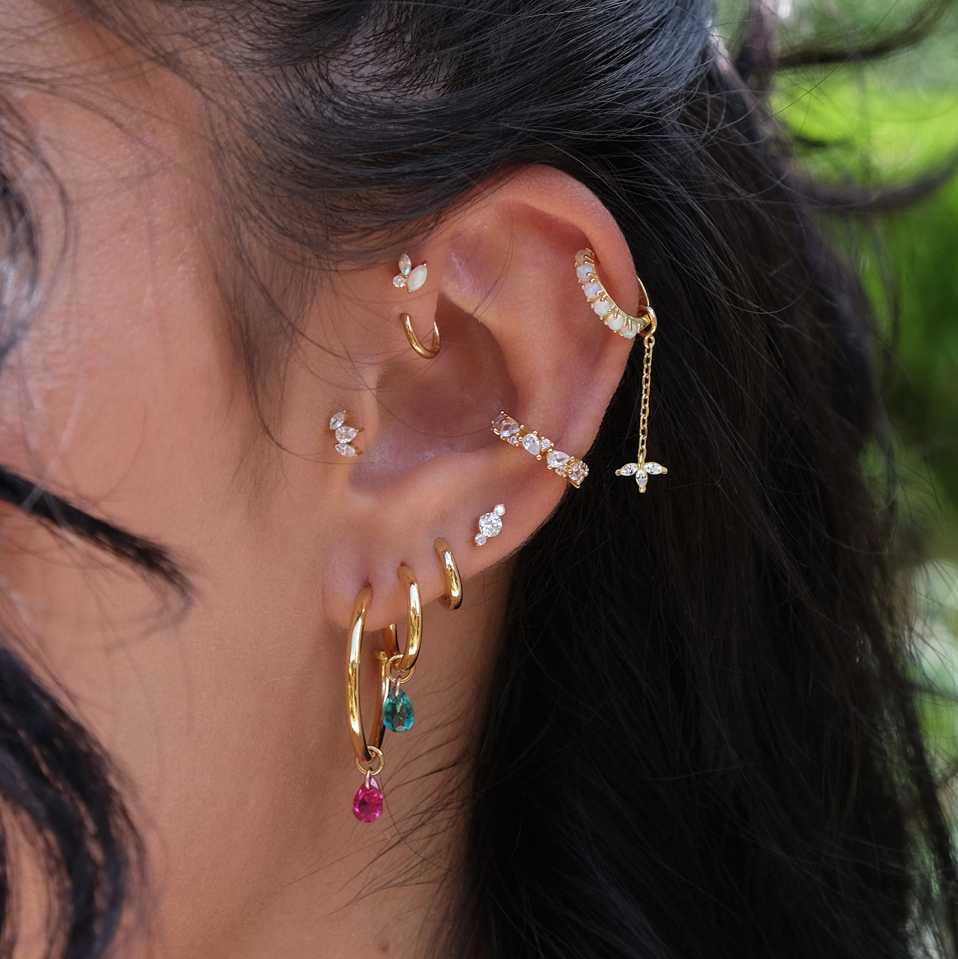 Close-up of an ear with multiple earrings against a blurred natural background