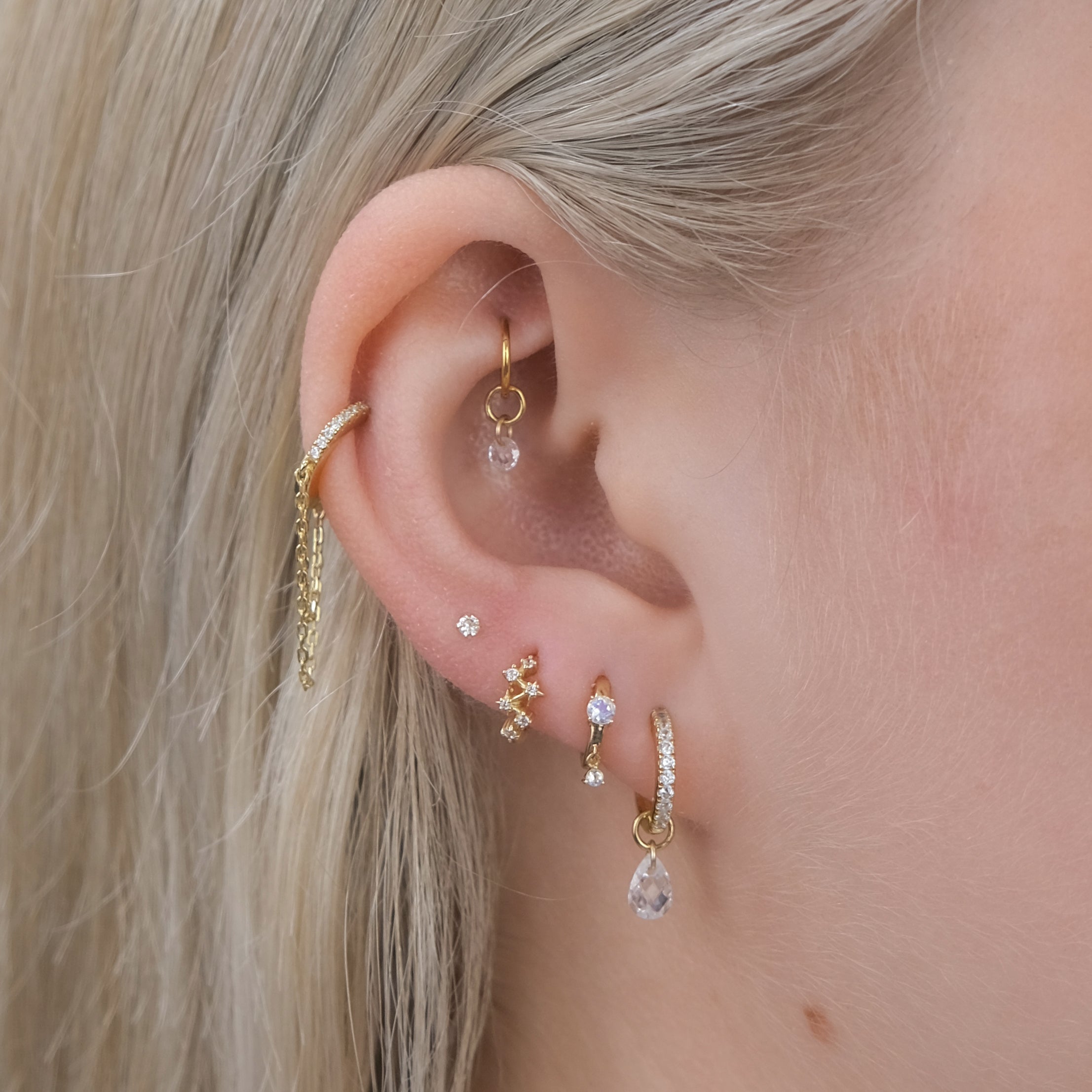 CHLUXE Moonstone Droplet Huggie Hoop - 14K Yellow Gold