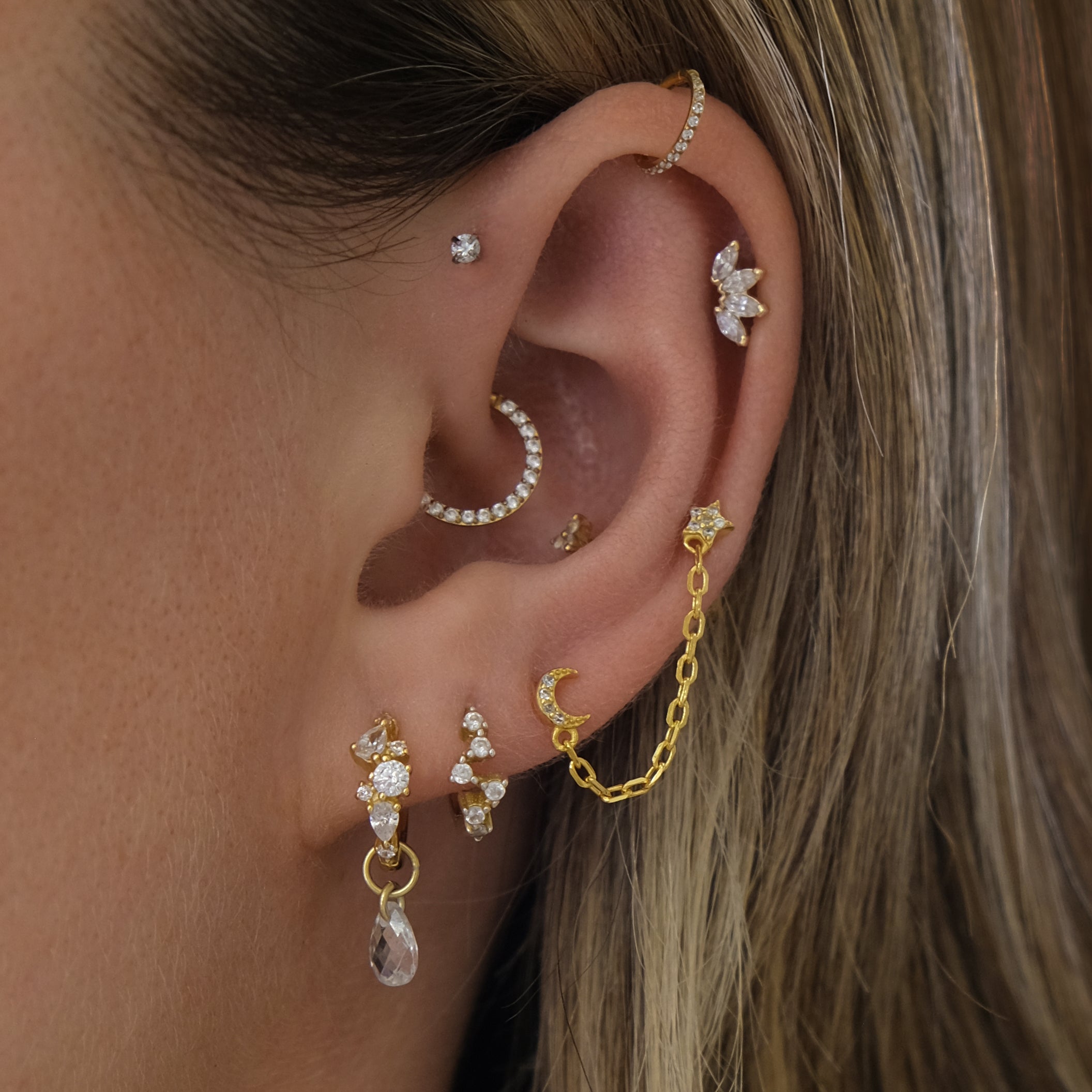 Star & Moon Chain Stud Earring | 925 Sterling Silver | Connector Stud