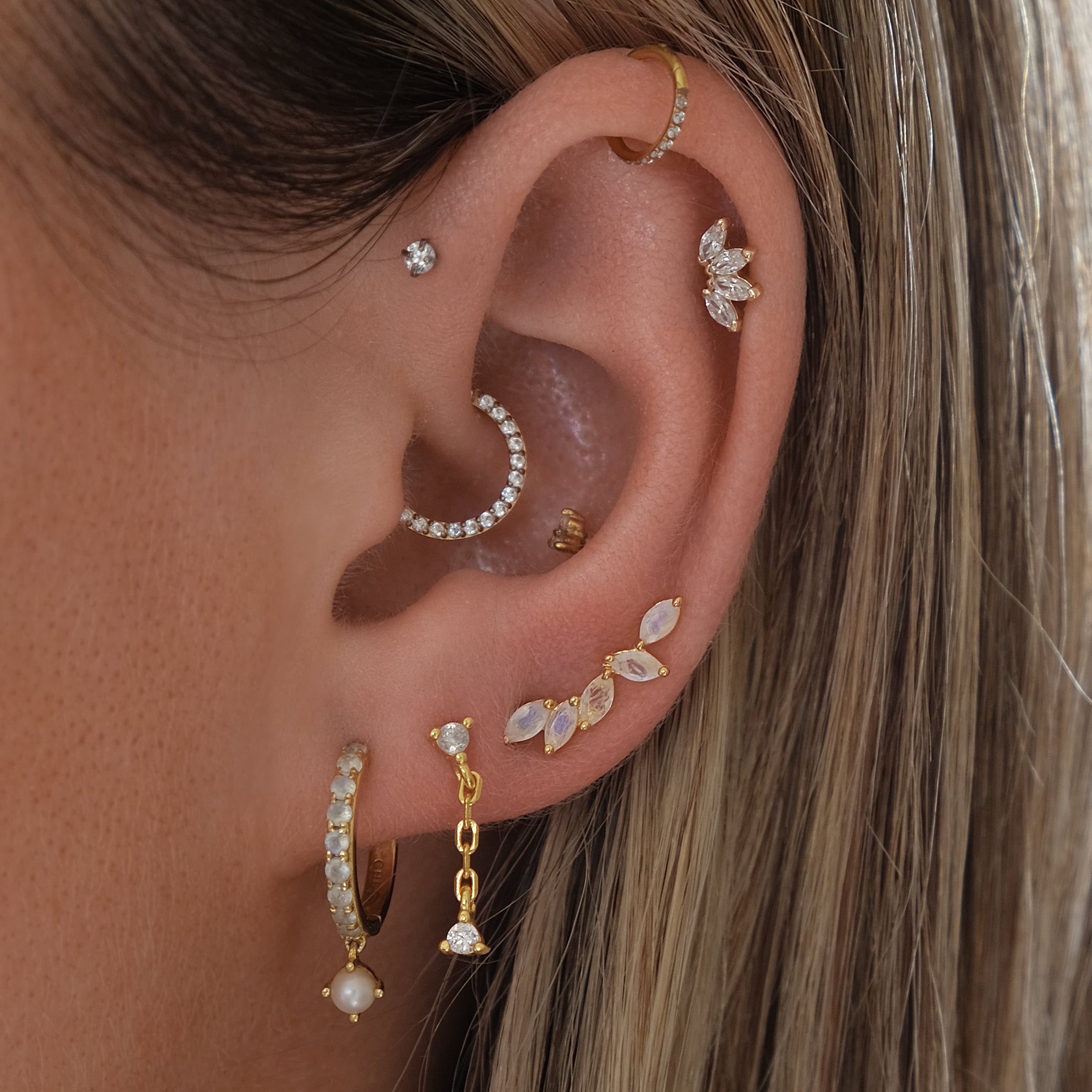 Marquise Cut Moonstone Ear Climber Sterling Silver