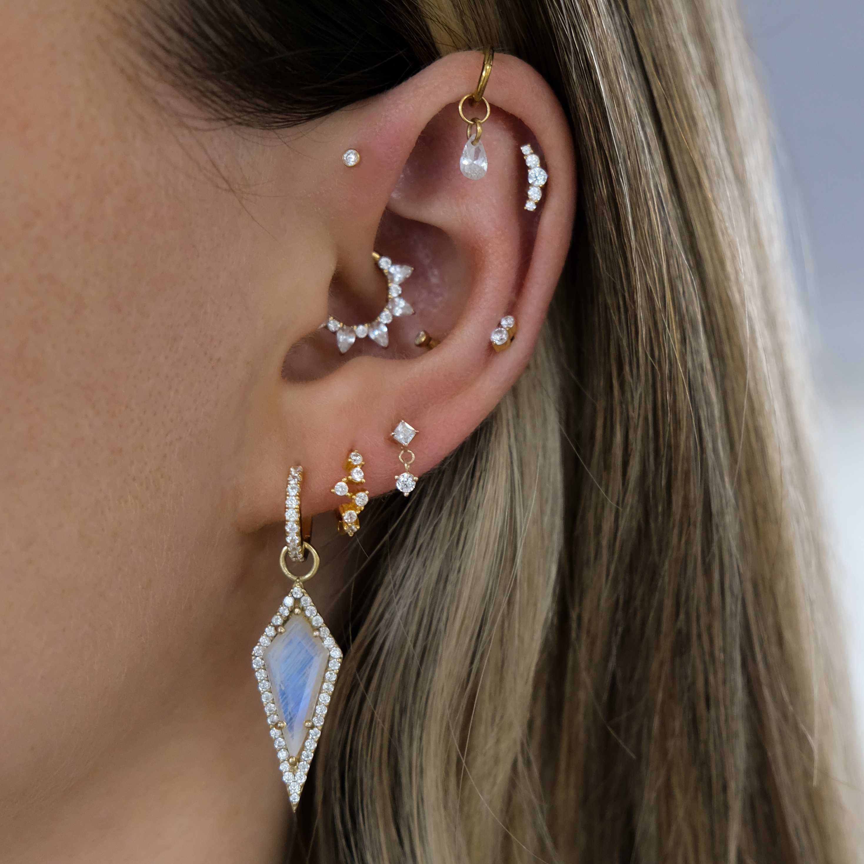 Crystal Dangle Earring | Threadless Stud For Helix Piercing | 9K Gold & Titanium