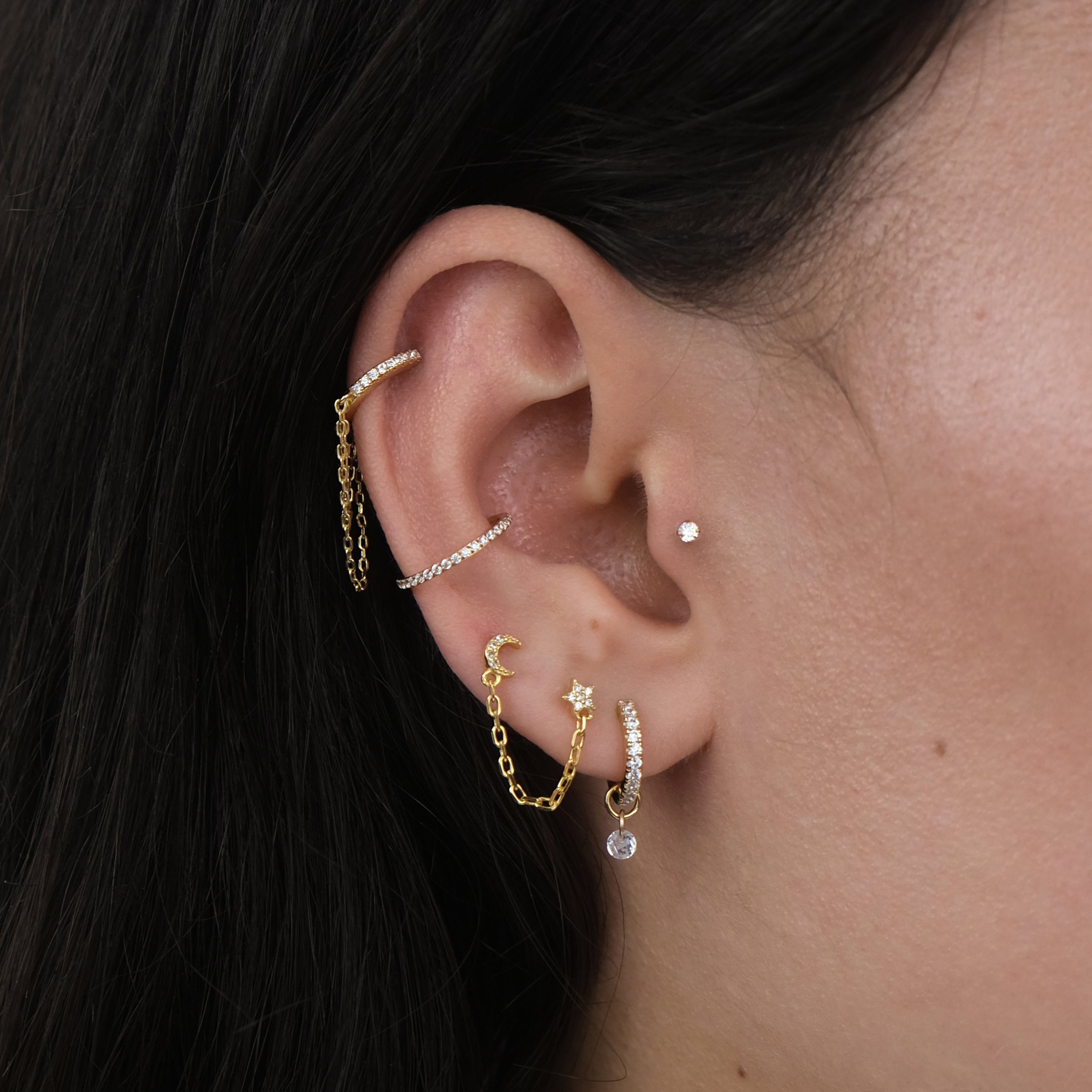 Star & Moon Chain Stud Earring | 925 Sterling Silver | Connector Stud