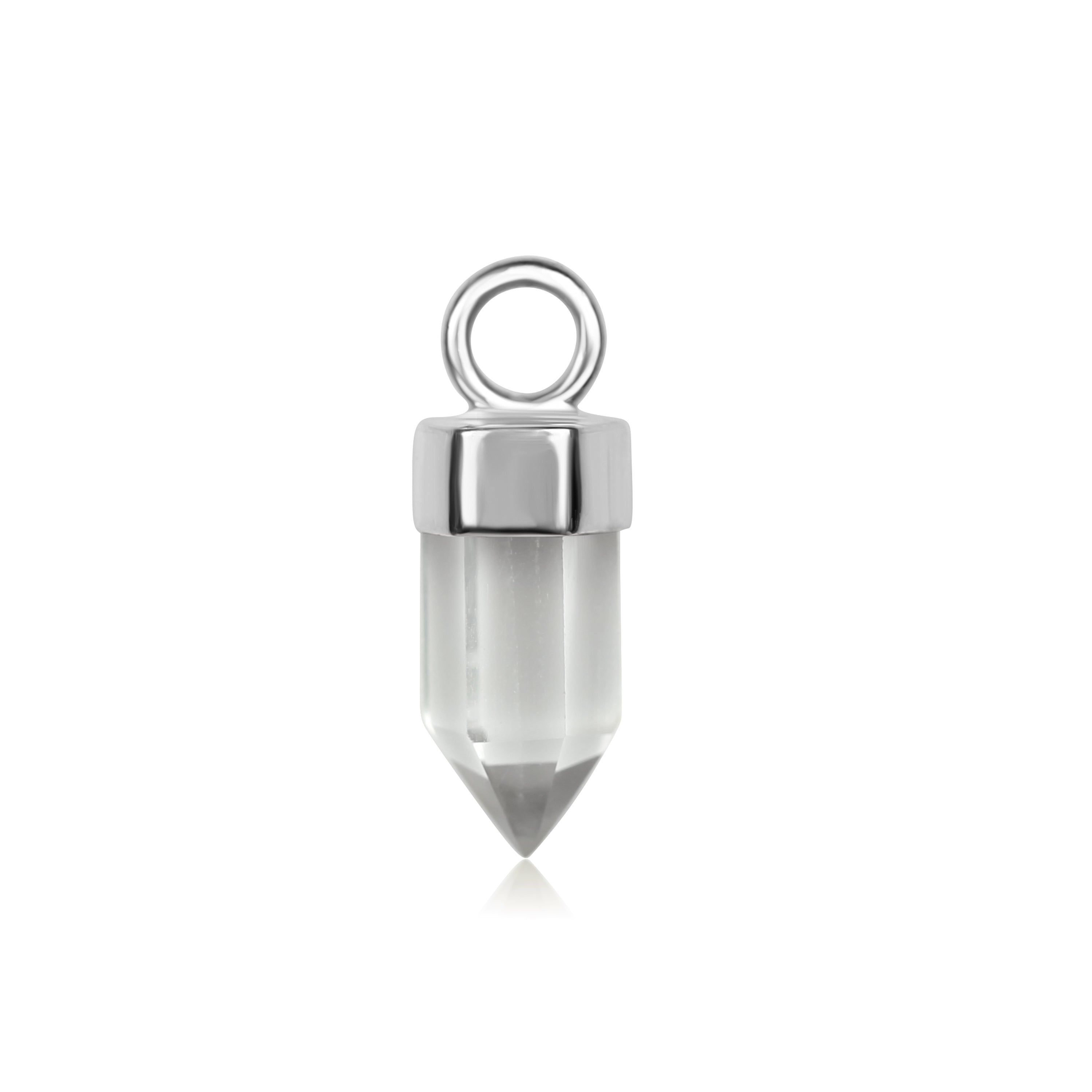 Silver pendant with a clear crystal on a white background