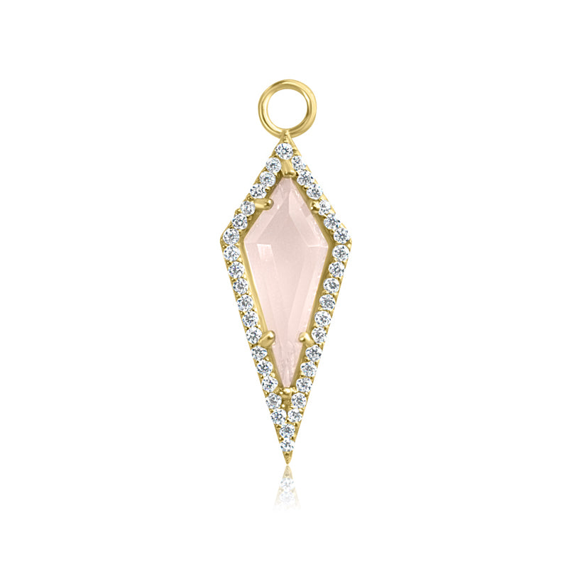 The AURA Rose Quartz Pavé Kite Charm by Crystal Heaven London features a gold pendant with a rose quartz center, elegantly diamond-shaped, adorned with small white crystals and a circular loop at the top, part of the exclusive Nerida Collection.