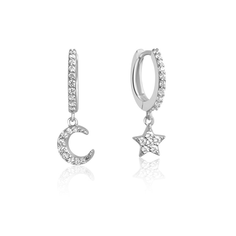 Star & Moon Charm Huggie Hoop Earrings - 925 Sterling Silver - 8mm