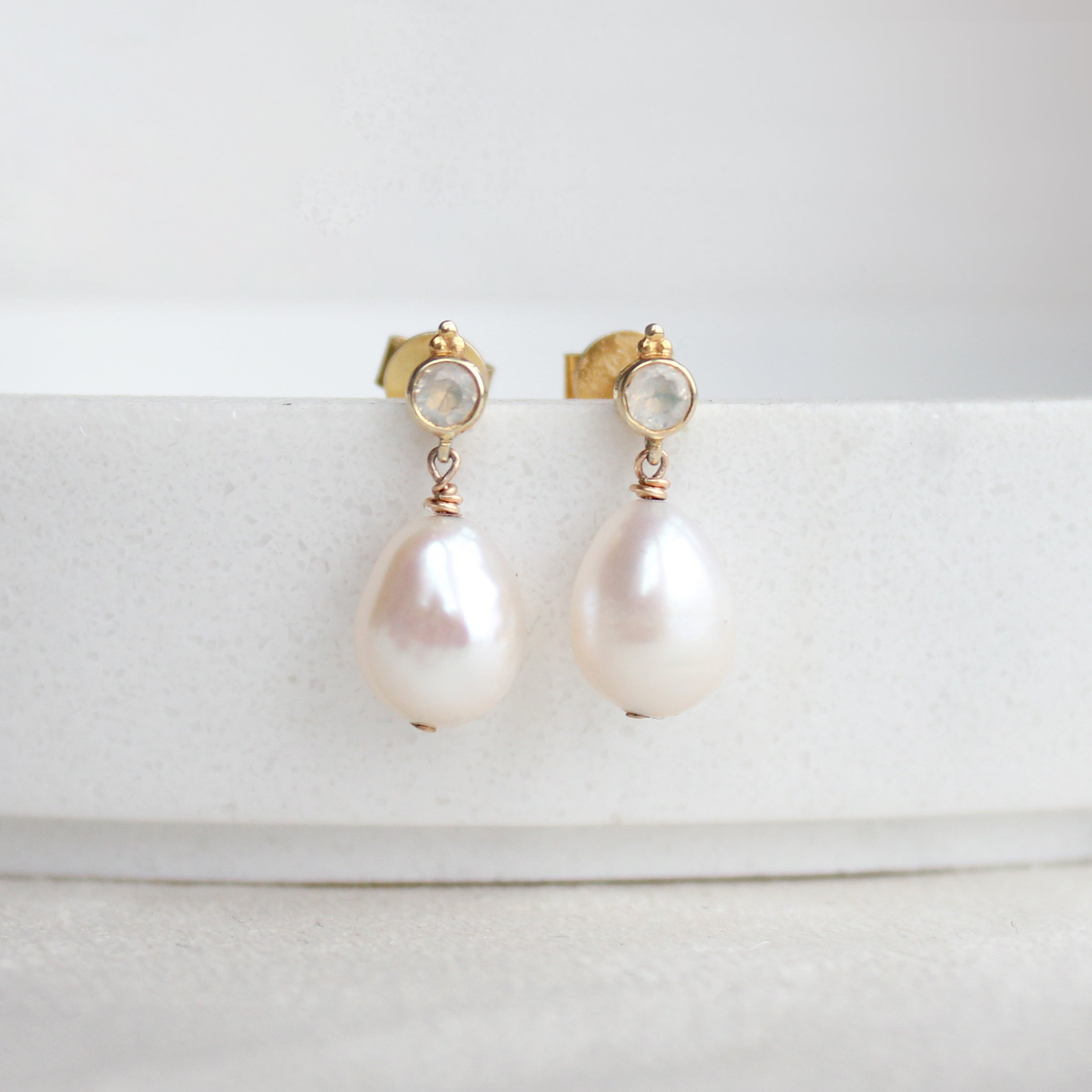 Boho Moonstone & Freshwater Pearl Stud Earrings - 925 Sterling Silver