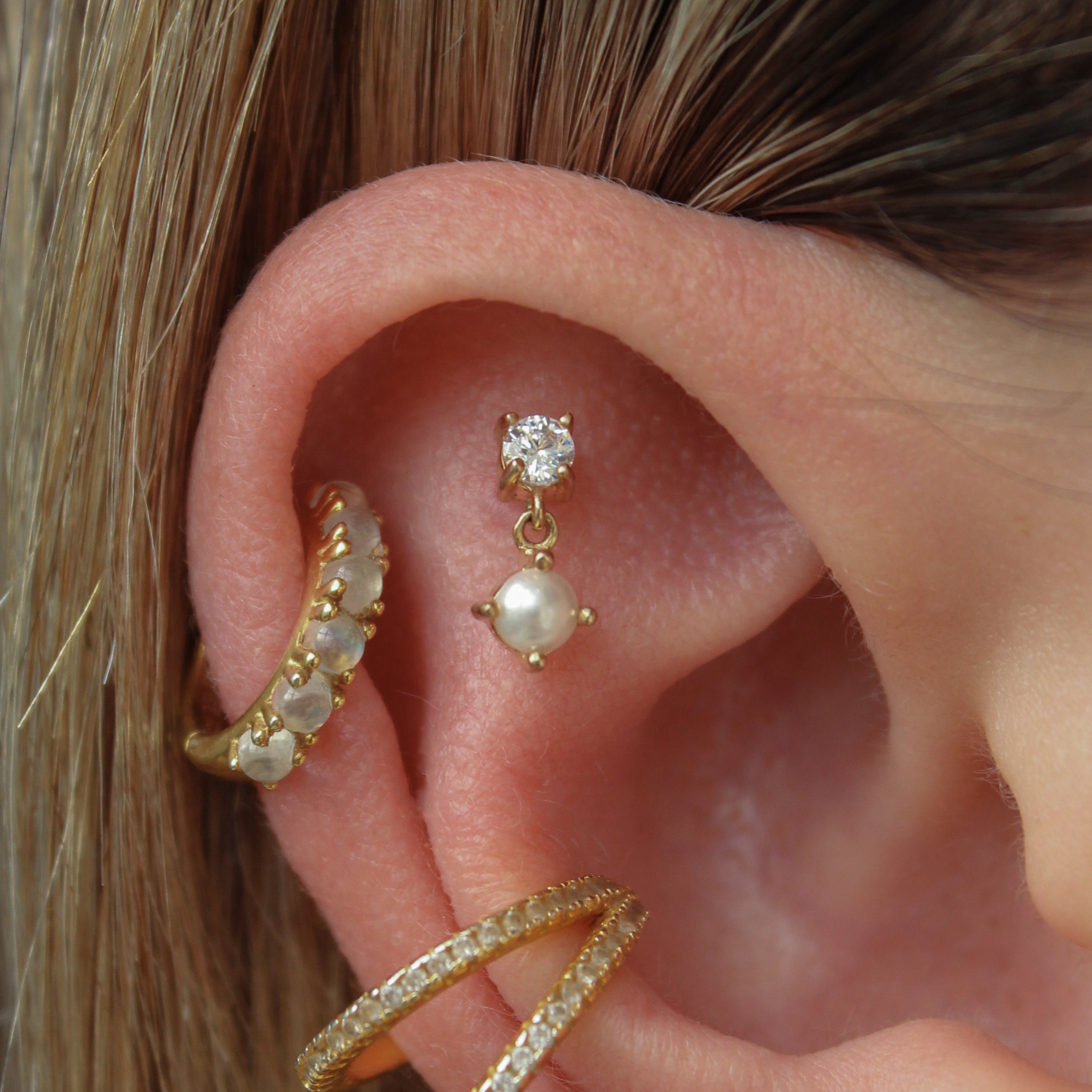Pearl Dangle Cartilage Stud 16g Helix Tragus Flat Back