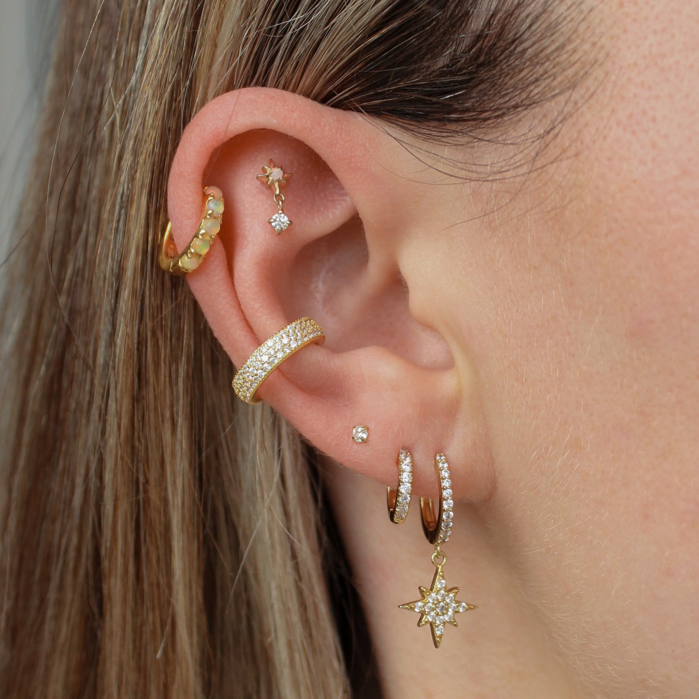 North Star Opal Dangle Cartilage Stud 16g Helix Tragus Flat Back