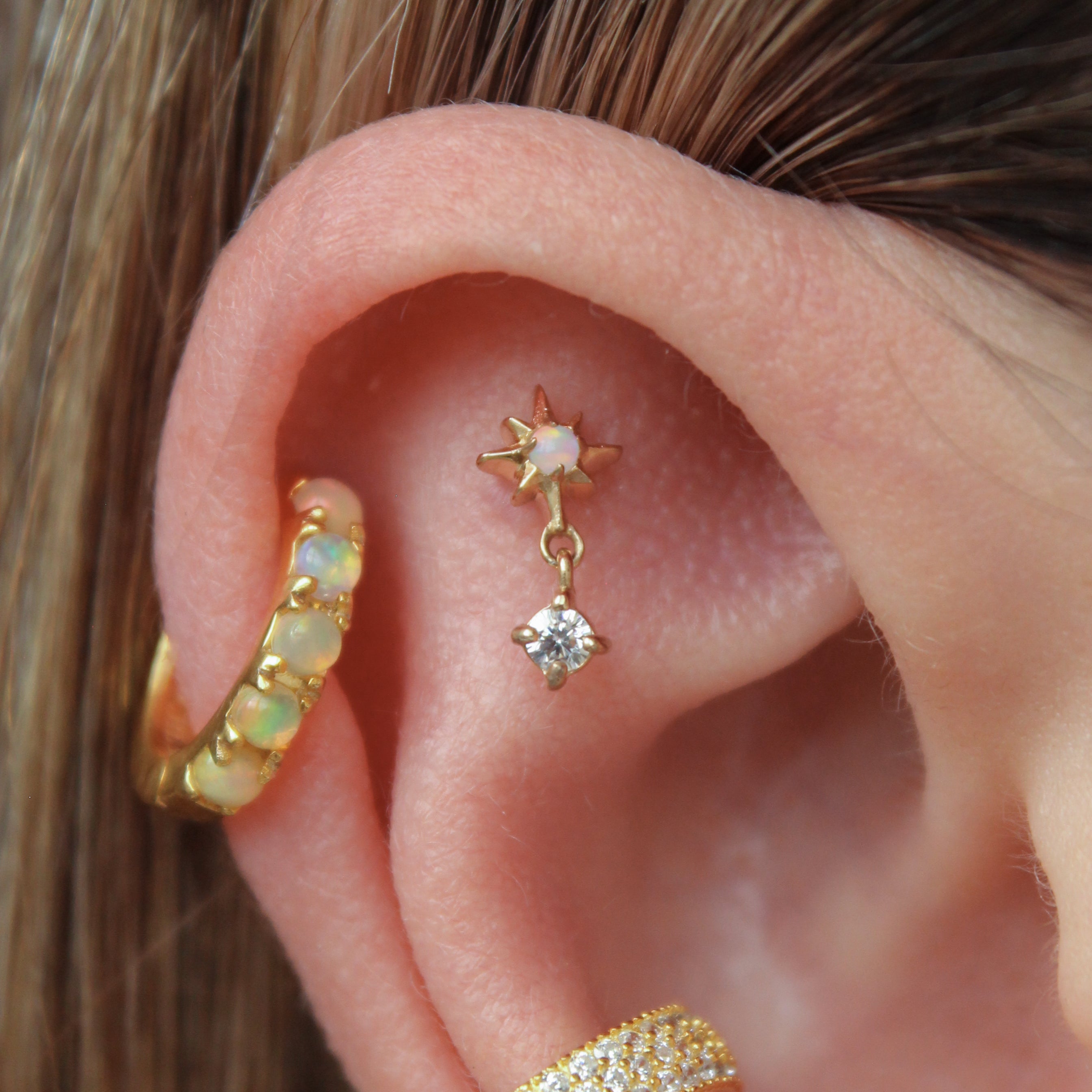 North Star Opal Dangle Cartilage Stud 16g Helix Tragus Flat Back