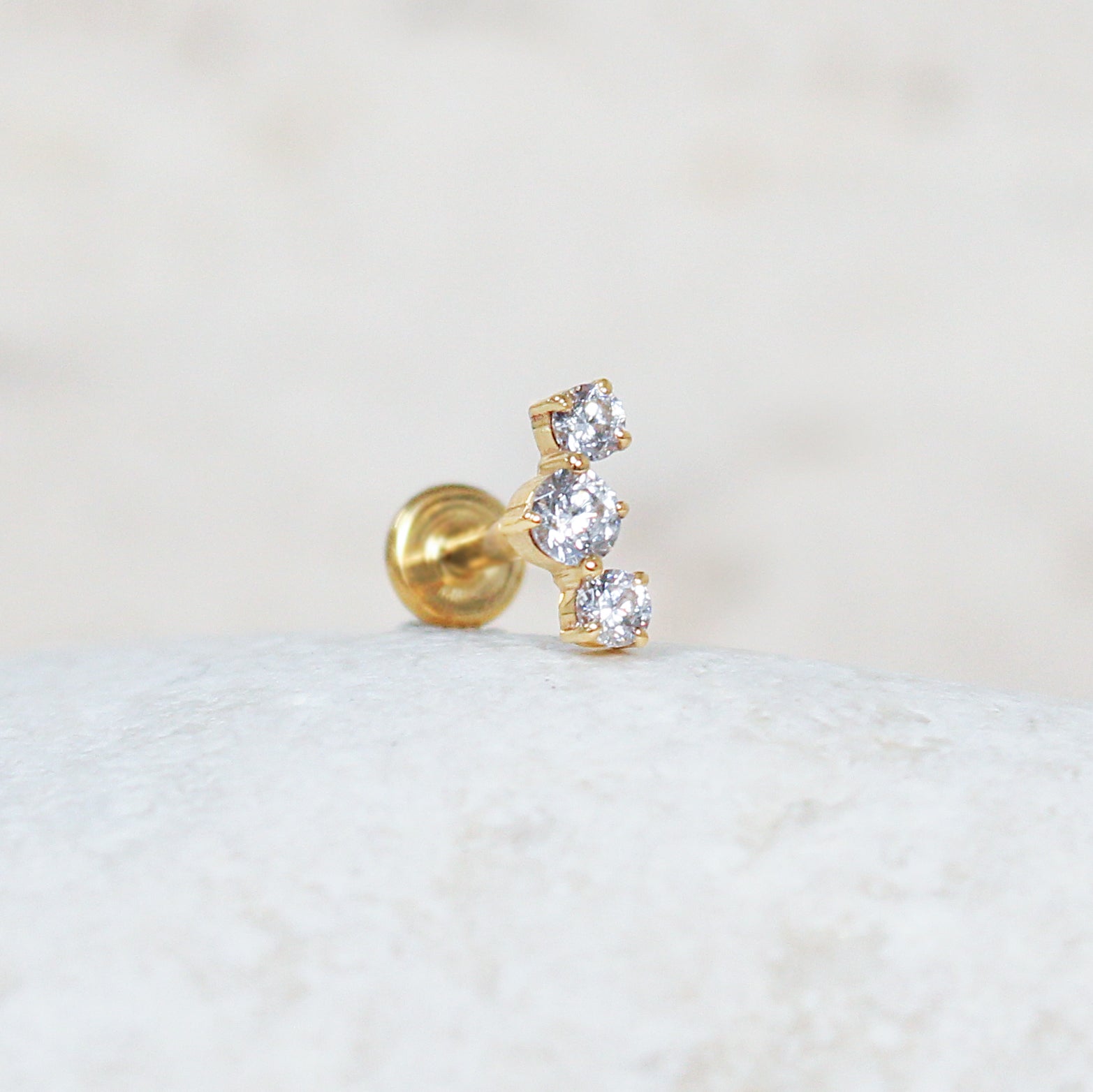 Curved Crystal Earring | Threadless Cartilage Stud For Helix Piercing | 9K Gold & Titanium
