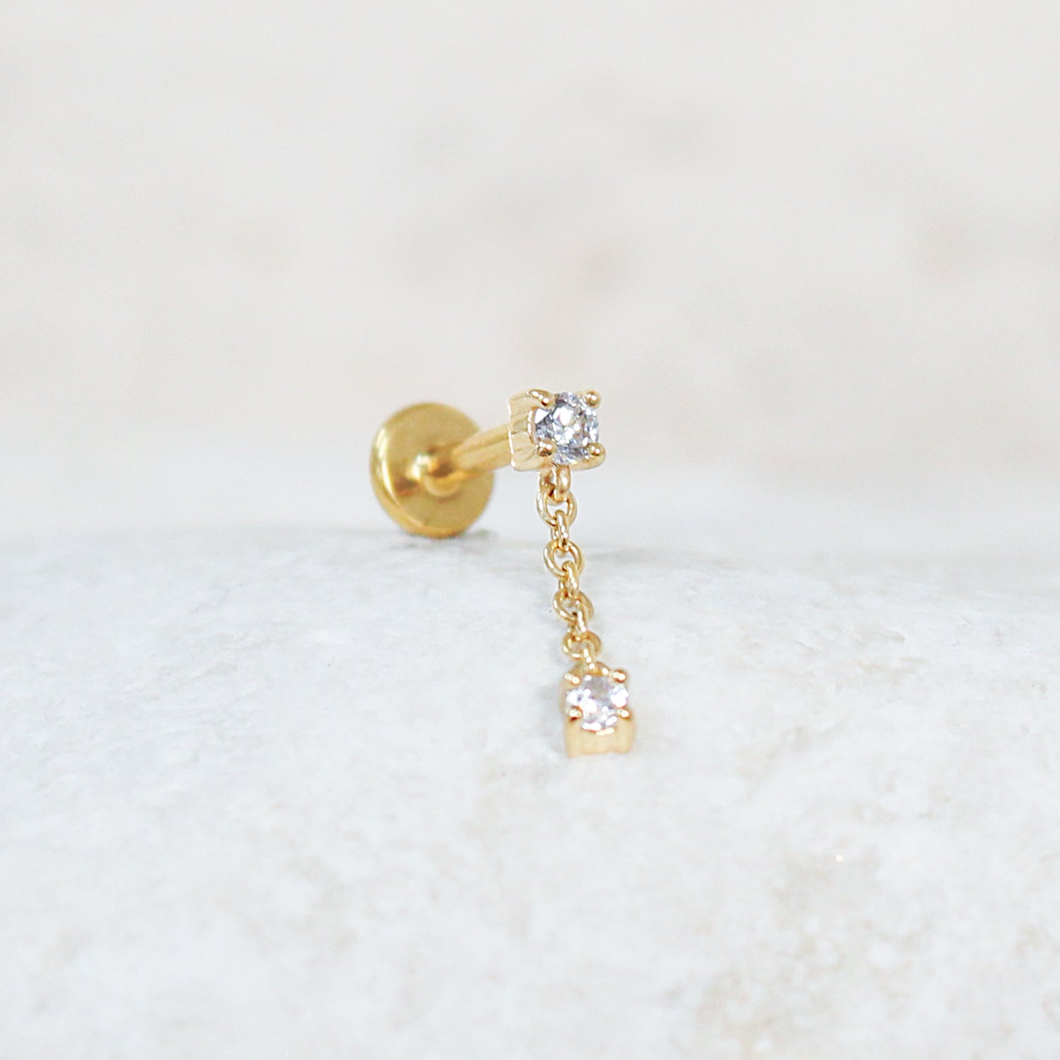 Chain Drop Cartilage Earring | Threadless Stud For Helix Piercing | 9K Gold & Titanium