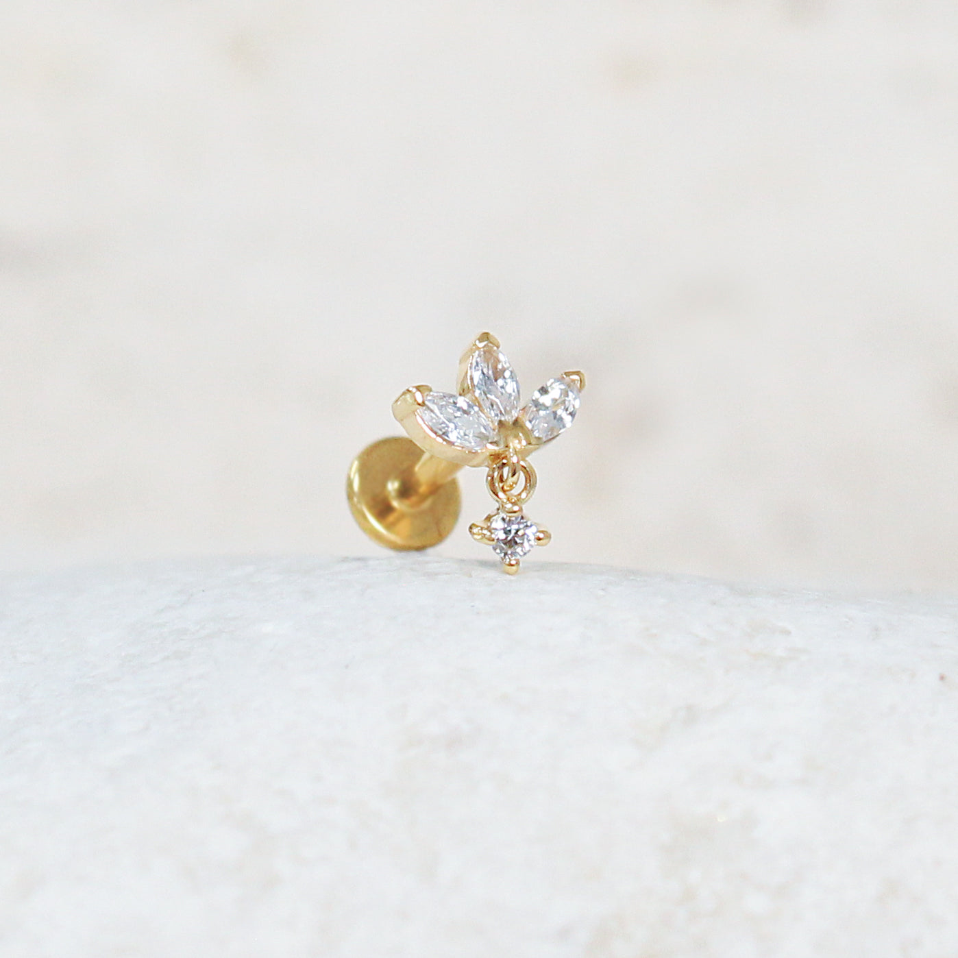14K Solid Gold & Titanium Marquise Crystal Drop Flat-Back Labret