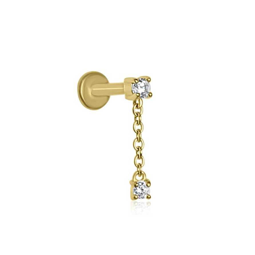 Chain Drop Cartilage Earring | Threadless Stud For Helix Piercing | 9K Gold & Titanium