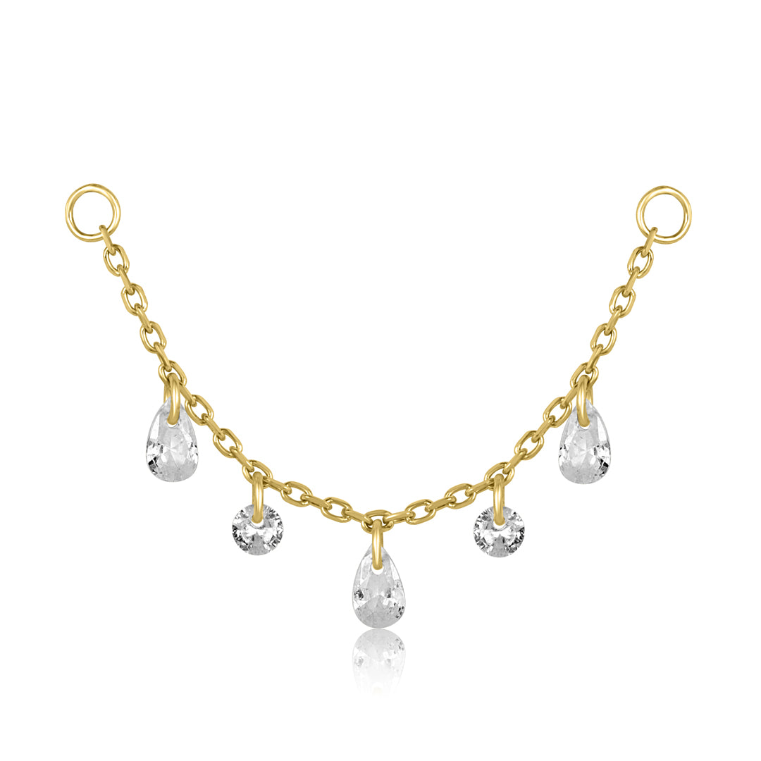Crystal Heaven London KAIA Droplet Chain Charm with four clear teardrop crystals on the chain.