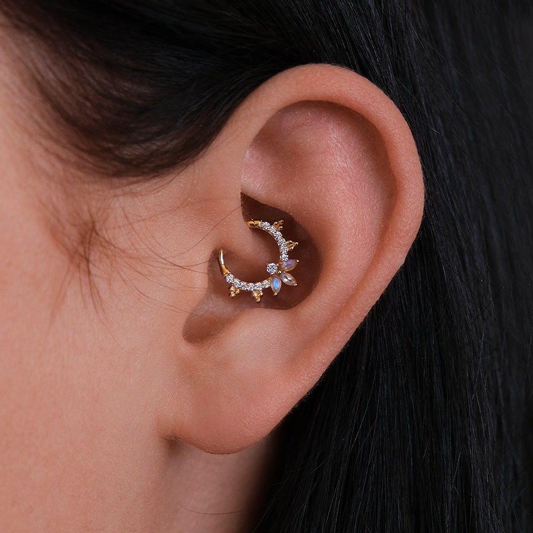 Moonstone Lotus Daith Piercing Hoop 8mm - 14K Solid Yellow Gold