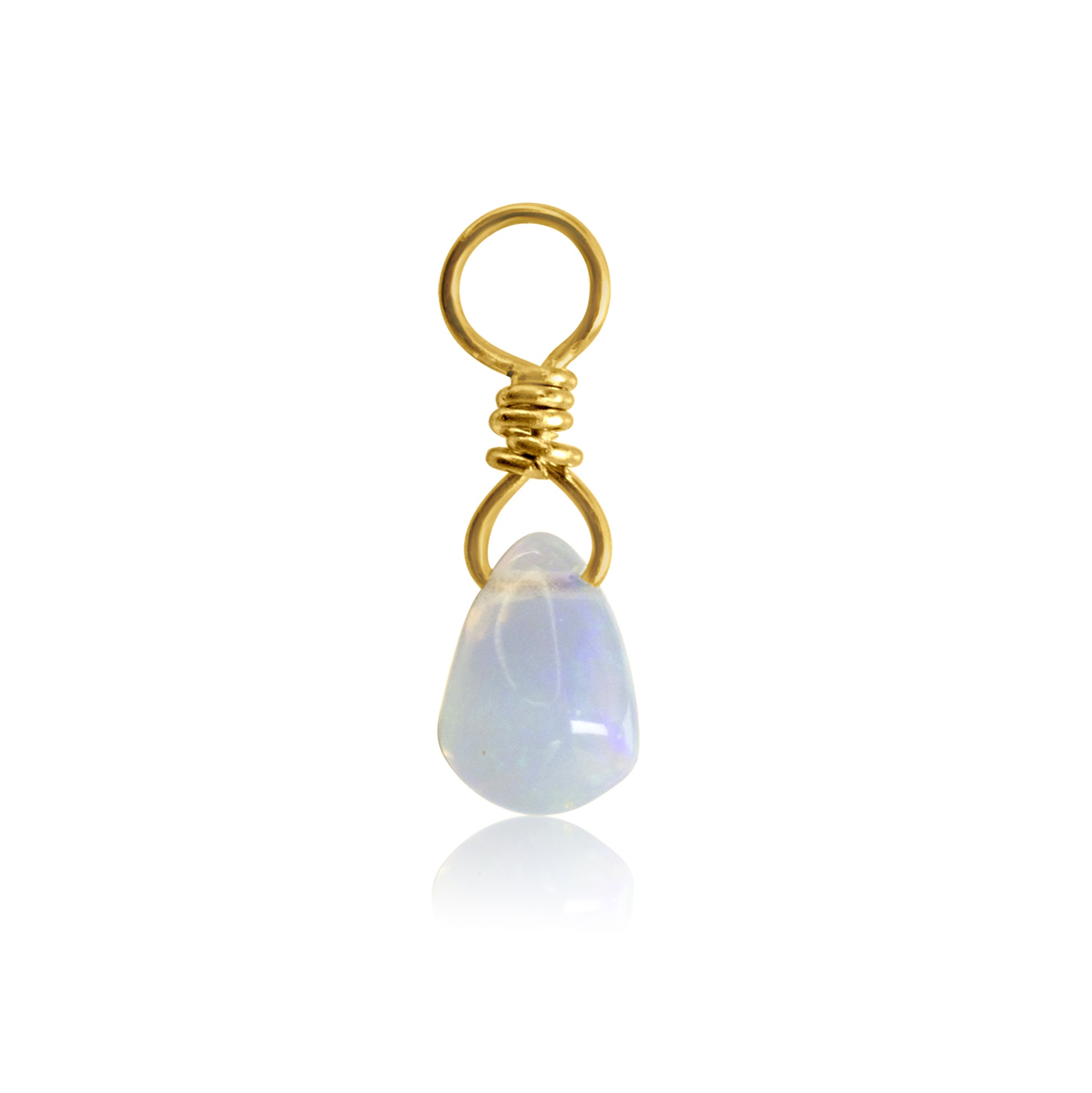 From Crystal Heaven London's Nerida Collection, the NERIDA Opal Droplet Charm - Limited Edition features a 14k gold-filled wire that gracefully encircles a translucent opal pendant, highlighting the enchanting beauty of Ethiopian opals against a white backdrop.