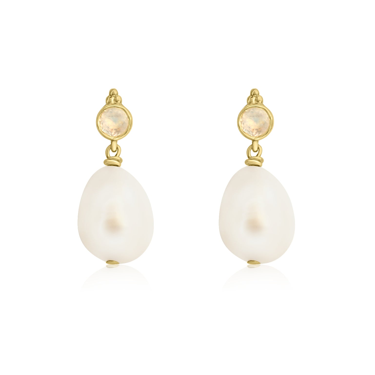 Boho Moonstone & Freshwater Pearl Stud Earrings - 925 Sterling Silver