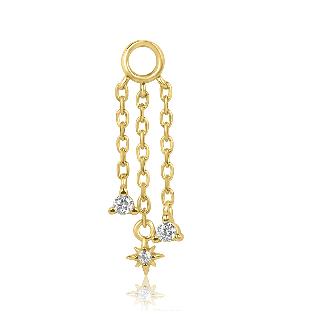 Crystal Heaven London's SOLEIA Floating Charm has three chain drops, each with a gem or star shape.