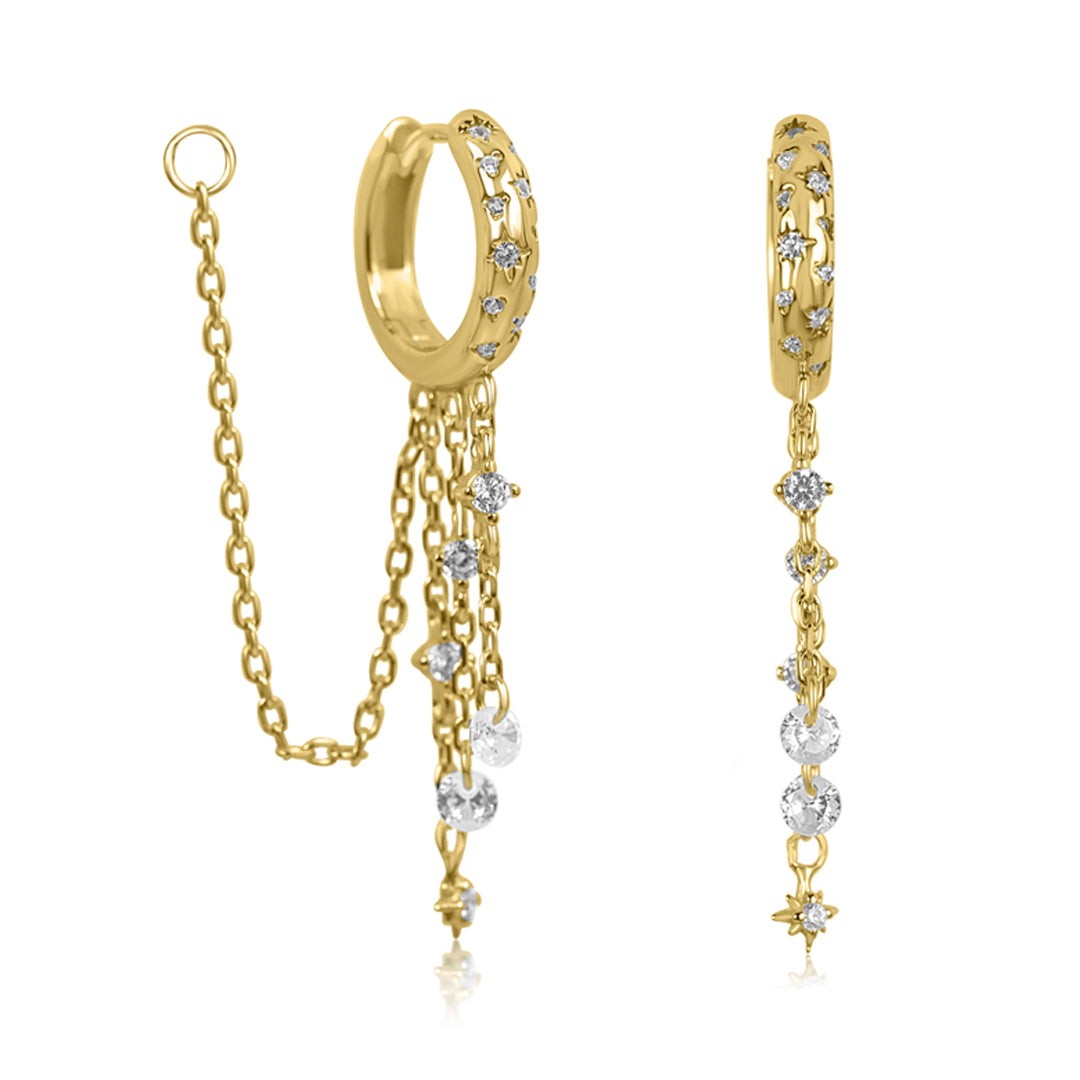 SOLEIA Waterfall Huggie Hoops by Crystal Heaven London feature crystals and chain gemstone accents.