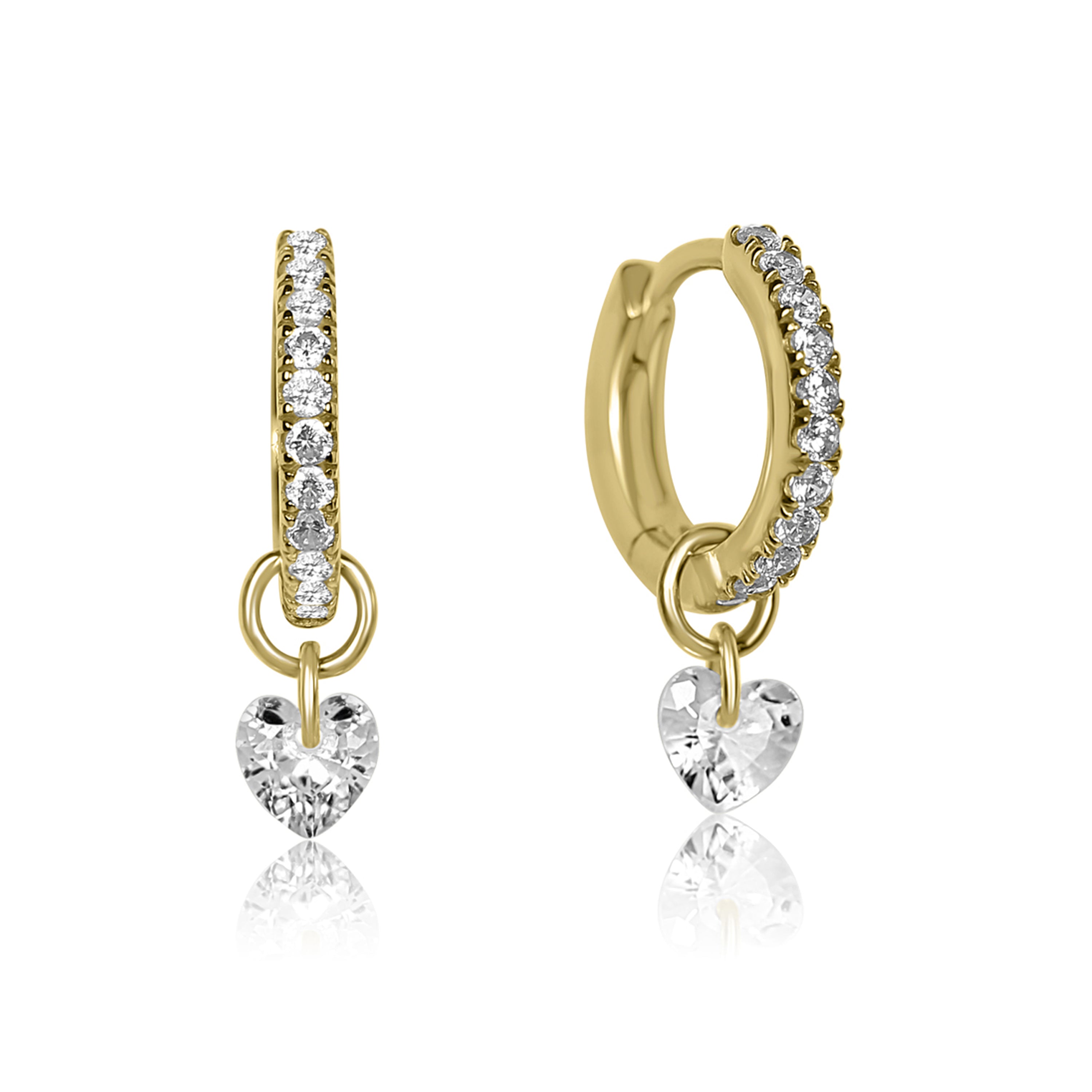 Gold hoop earrings with heart-shaped diamond pendants on a white background