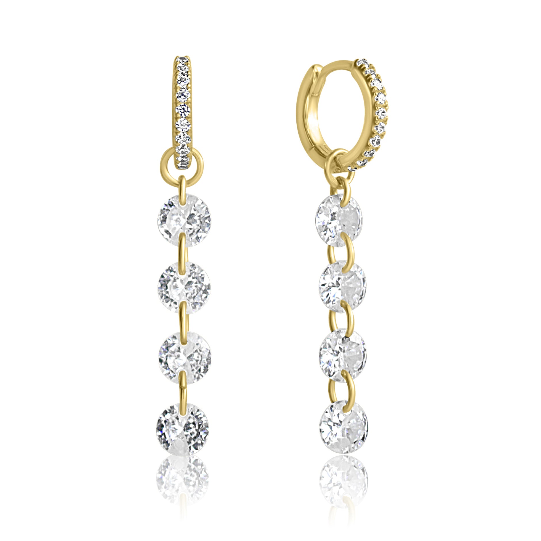 Explore Crystal Heaven London's ALLURE Cascading Crystal Huggie Hoops: gold hoops with dangling chains, four clear round gemstones, pavé accents, and cascading crystals.