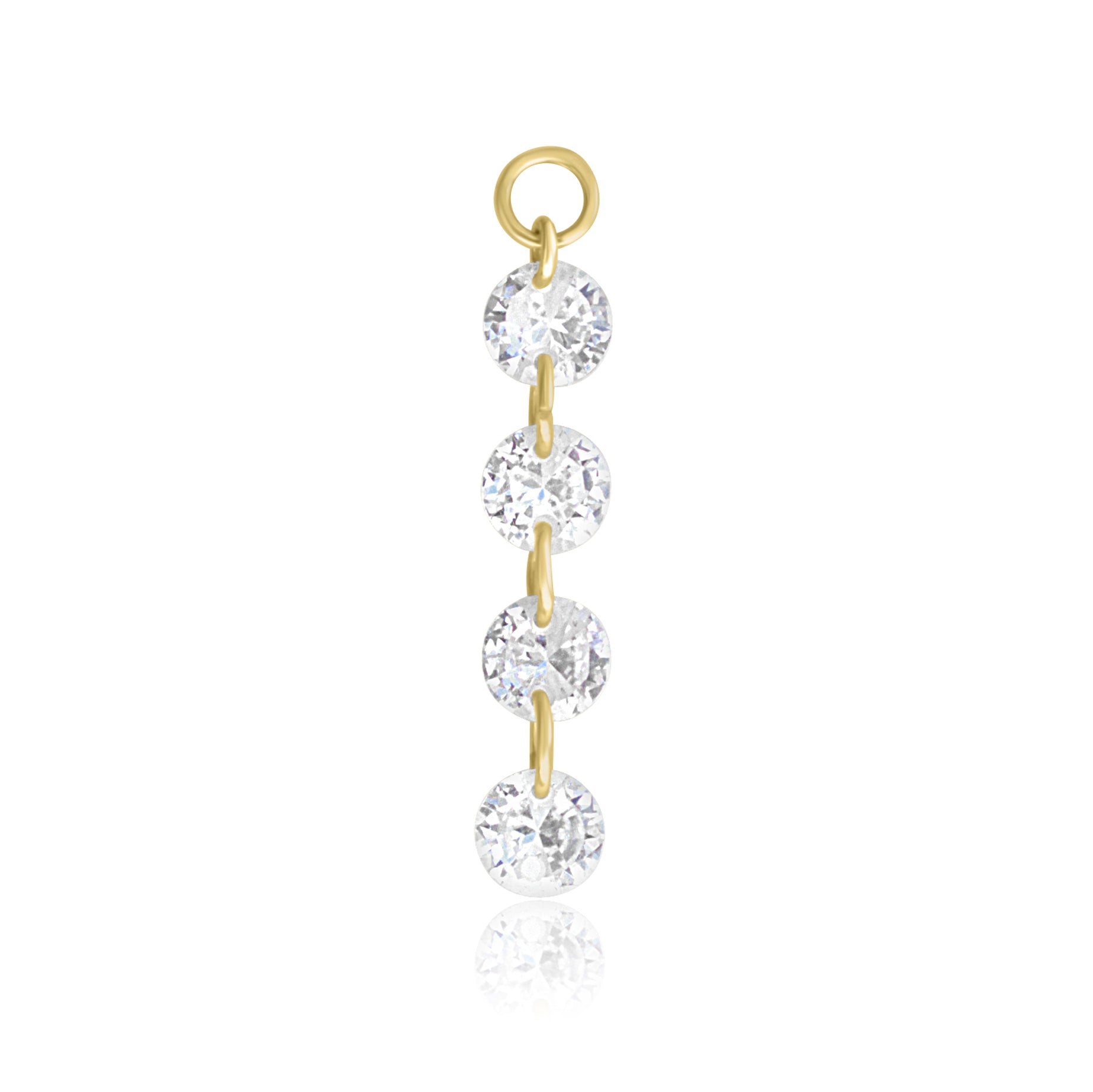 Introducing the ALLURE Cascading Crystal Earring Charm by Crystal Heaven London: A stunning gold earring adorned with four vertically linked, round, clear cubic zirconia.