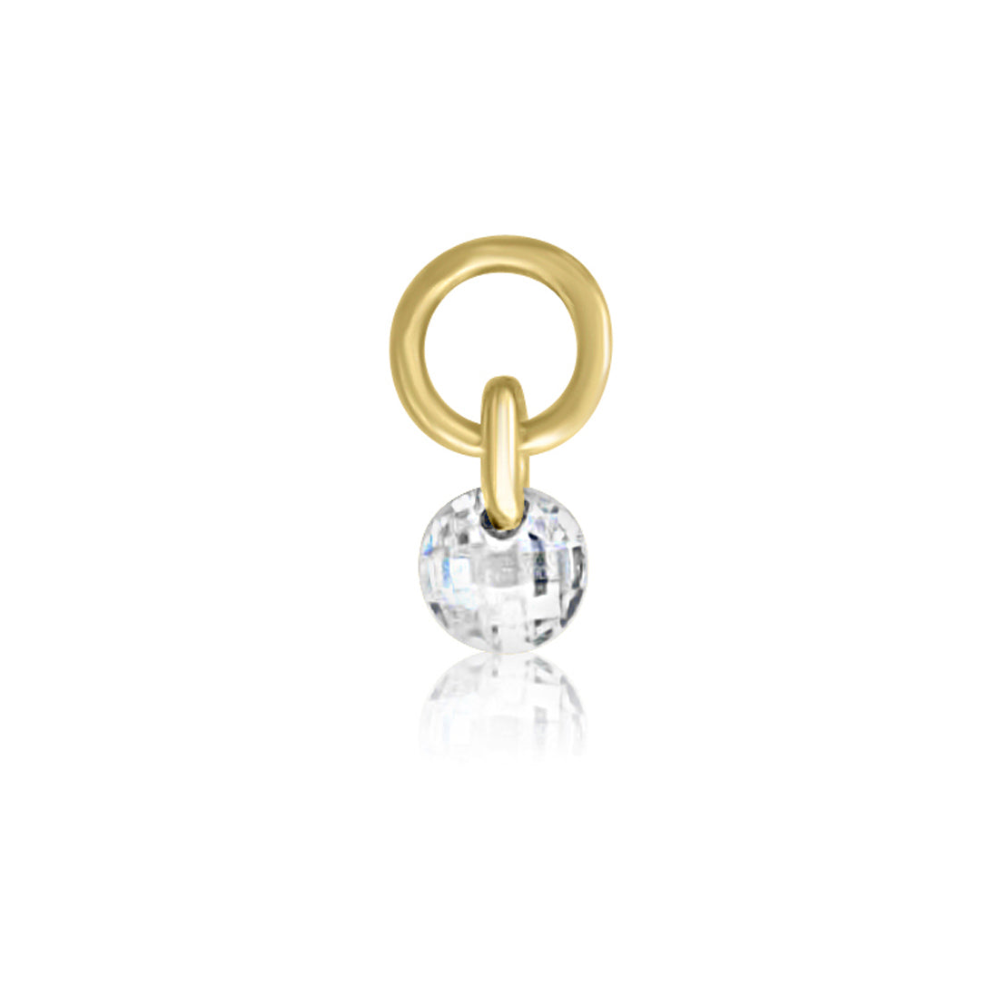 The Tiny Solitaire Crystal Charm by Crystal Heaven London is a handmade gold circular pièce de résistance featuring a smaller loop with a faceted clear cubic zirconia crystal bead, making it an exquisite earring charm.