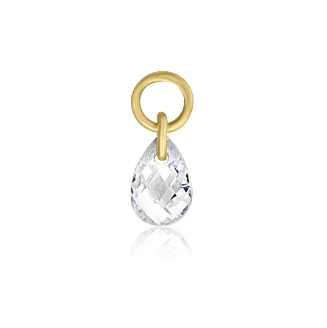 The Teardrop Crystal Charm by Crystal Heaven London is crafted from faceted Cubic Zirconia with a round gold loop on top, ideal for adding elegance to earring charms.