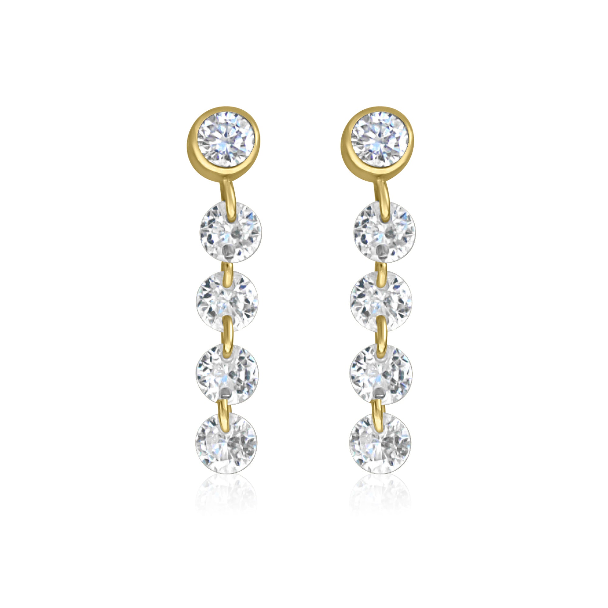 Discover the ALLURE Cascading Crystal Studs by Crystal Heaven London: gold drop earrings featuring a row of four shimmering cubic zirconia gemstones flowing from a fifth gemstone at the top.