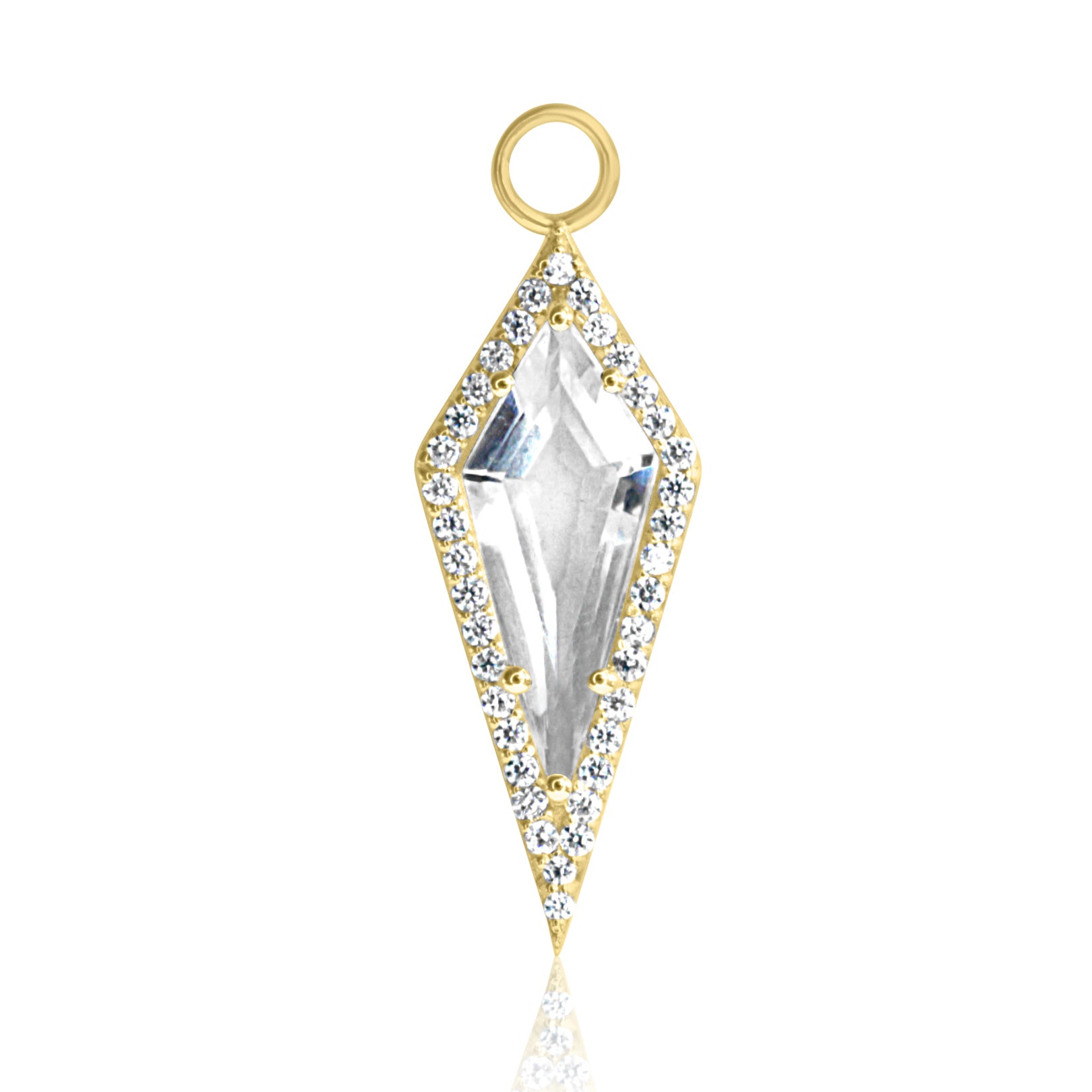 The AURA Clear Quartz Pavé Kite Charm by Crystal Heaven London features a handcrafted clear quartz crystal in an elongated triangle shape, surrounded by gold and diamonds, exuding elegance and unique charm.