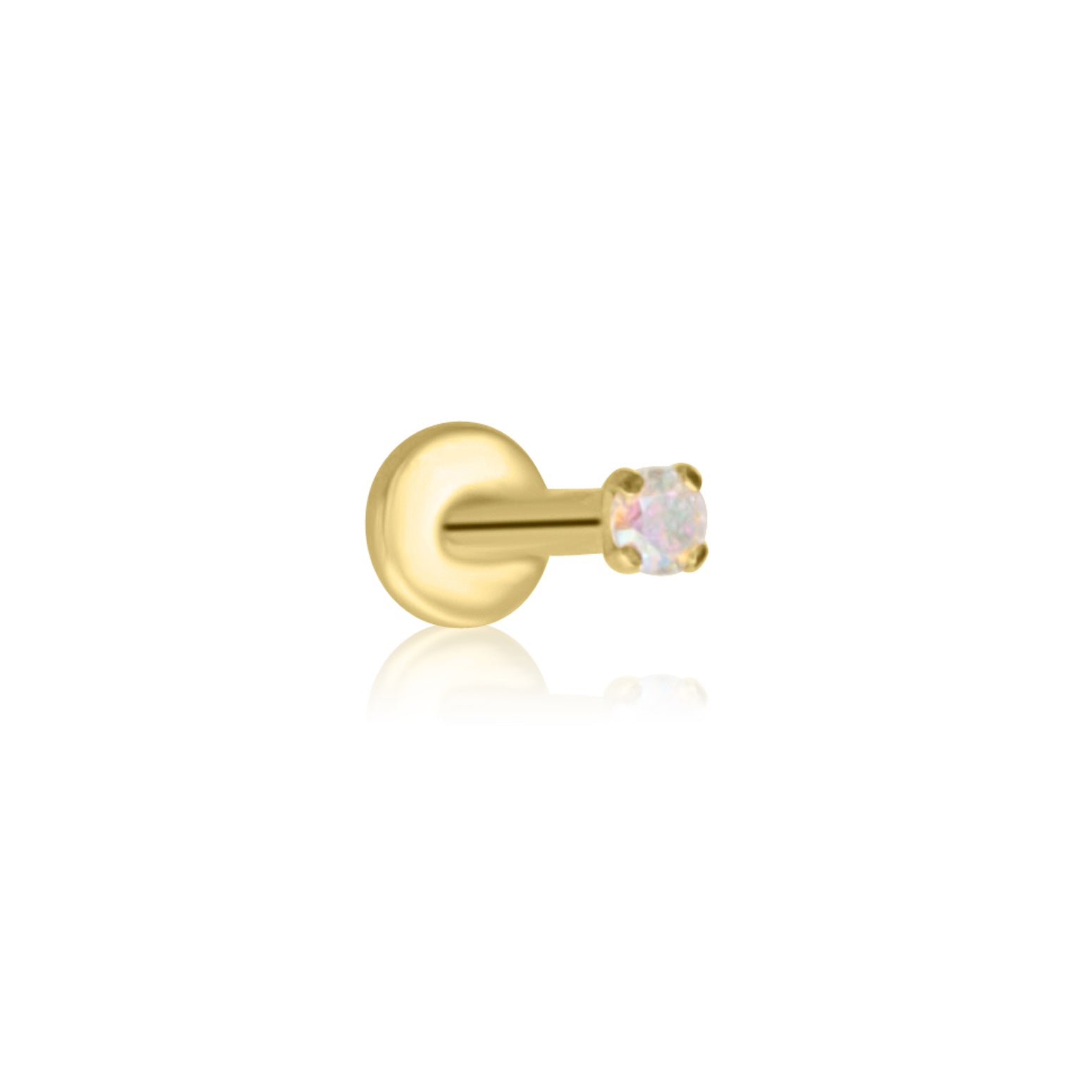 Crystal Heaven London presents the Aurora Rainbow Solitaire Cartilage Stud, a gold piece featuring a round opalescent gemstone on a reflective white background, perfect for your ear stack.