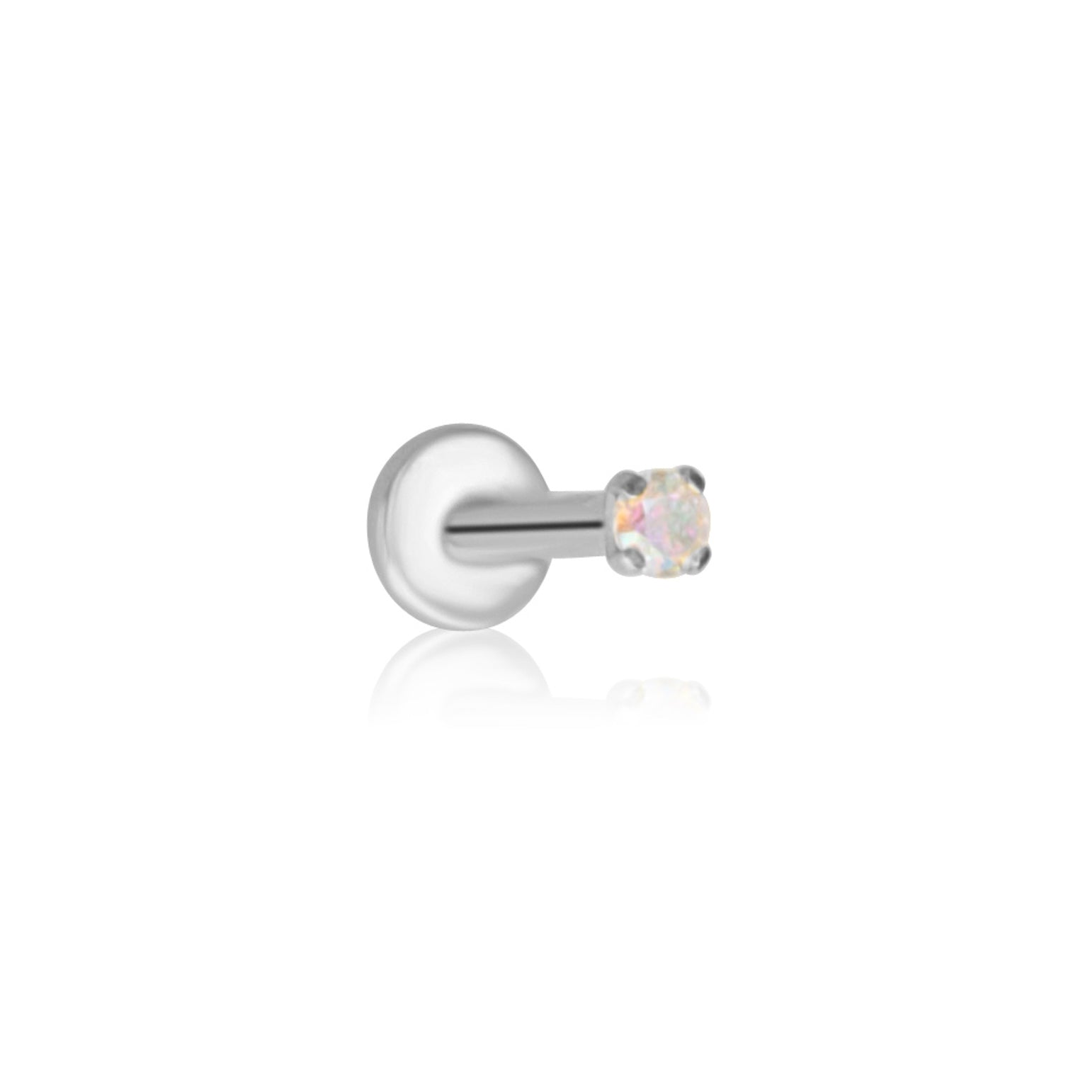 Crystal Heaven London's Aurora Rainbow Solitaire Cartilage Stud is a silver earring showcasing a small, round aurora crystal on a plain white background, ideal for an elegant ear stack.