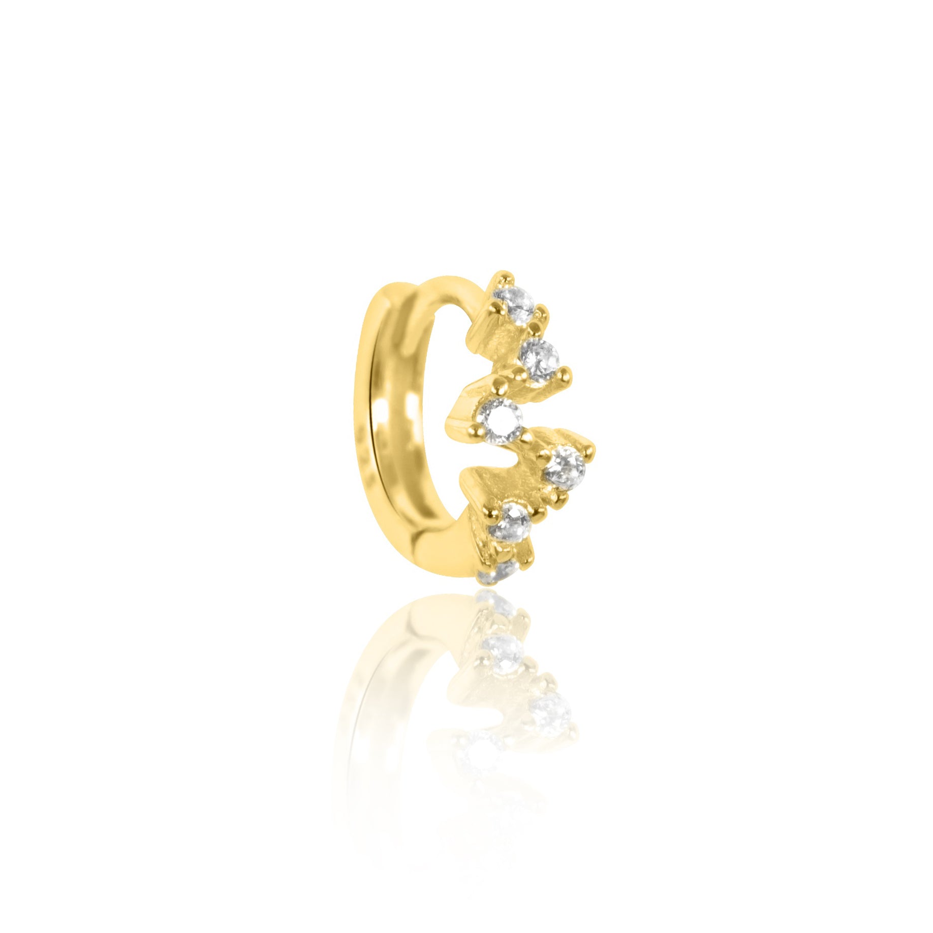 The ESTELLA Constellation Huggie by Crystal Heaven London is a gold hoop earring adorned with five round white gemstones clustered on the side and accented with scattered crystals for added elegance.