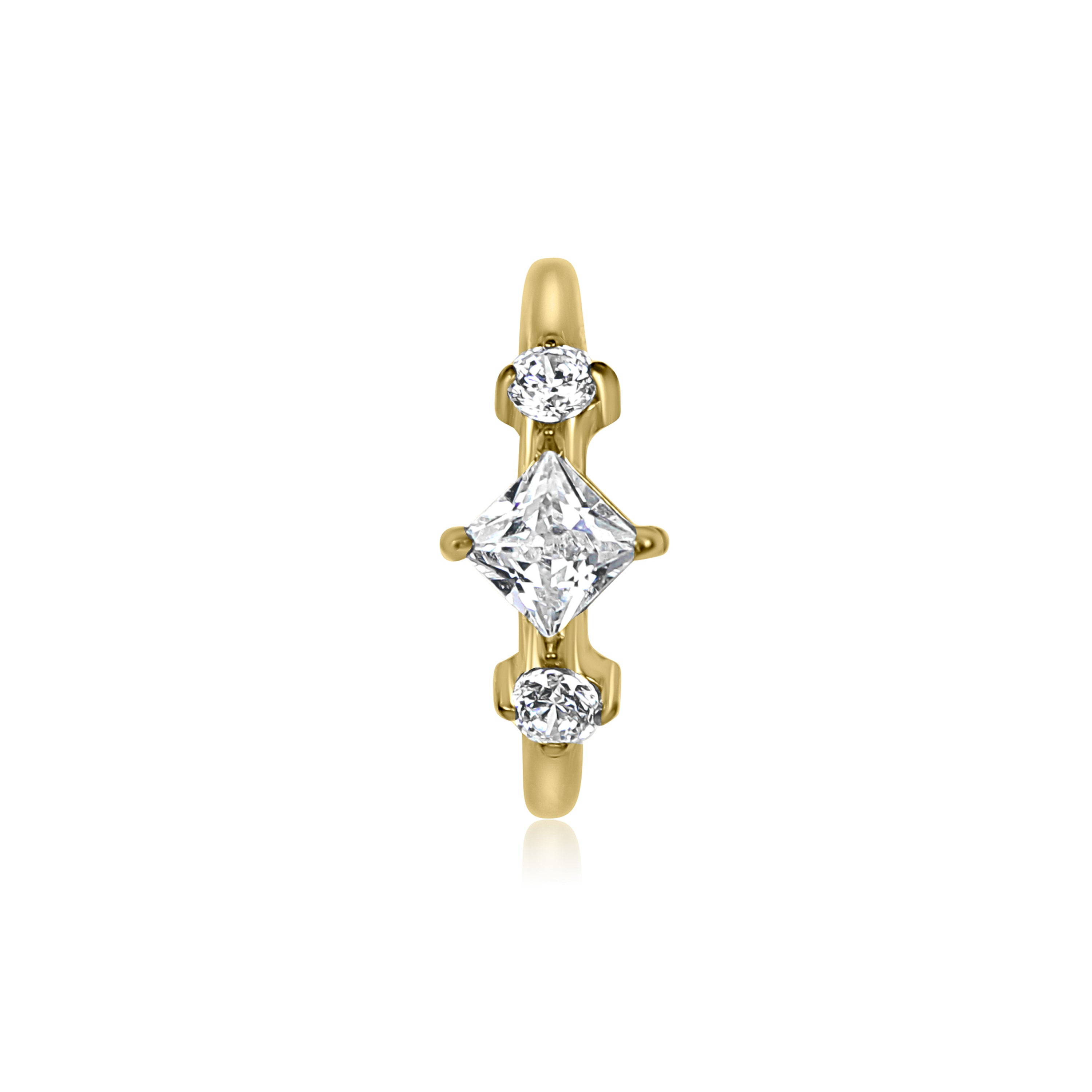 Gold earring with three clear gemstones on a white background