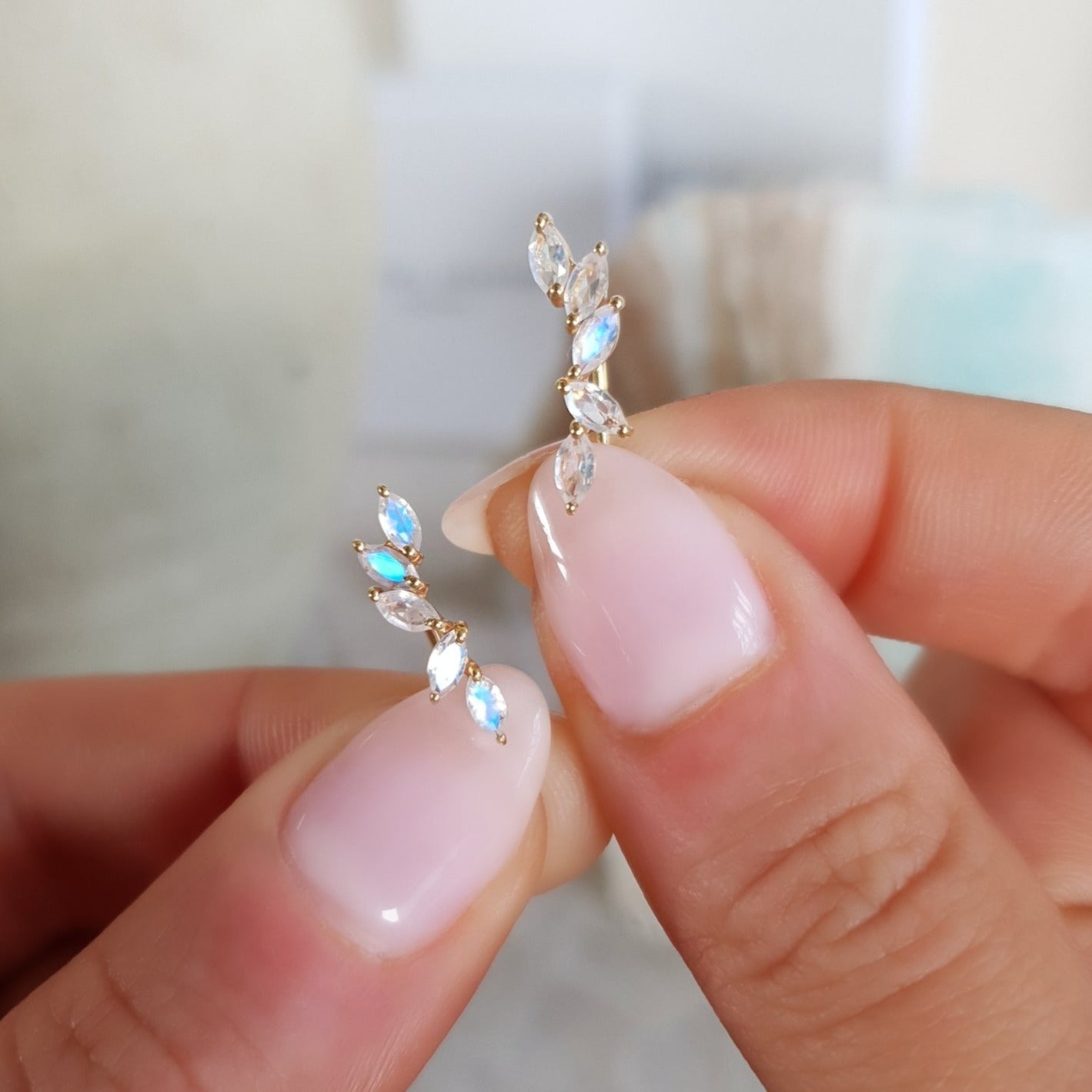 Marquise Cut Moonstone Ear Climber Sterling Silver