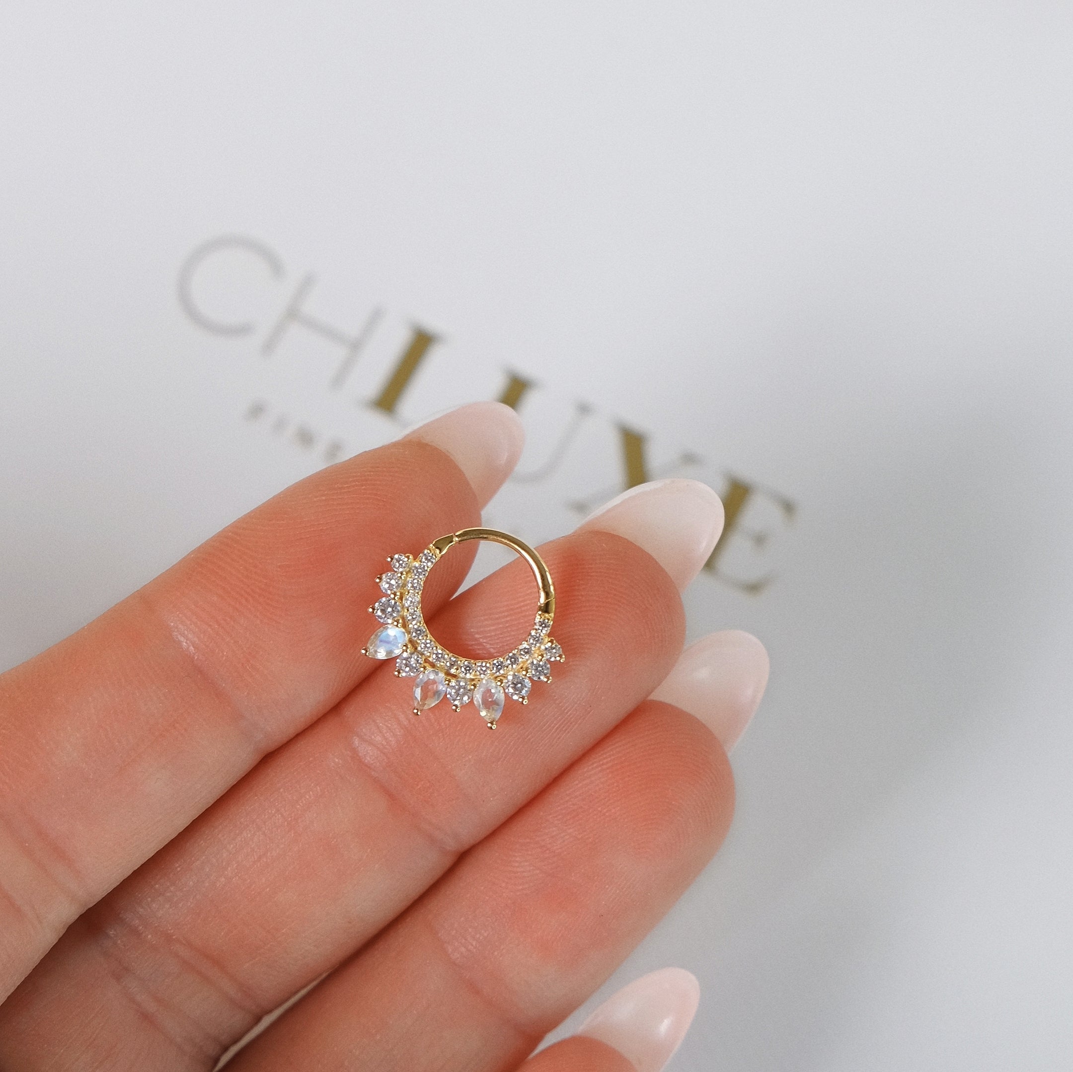 Moonstone Daith Piercing Hoop 8mm - 14K Solid Yellow Gold