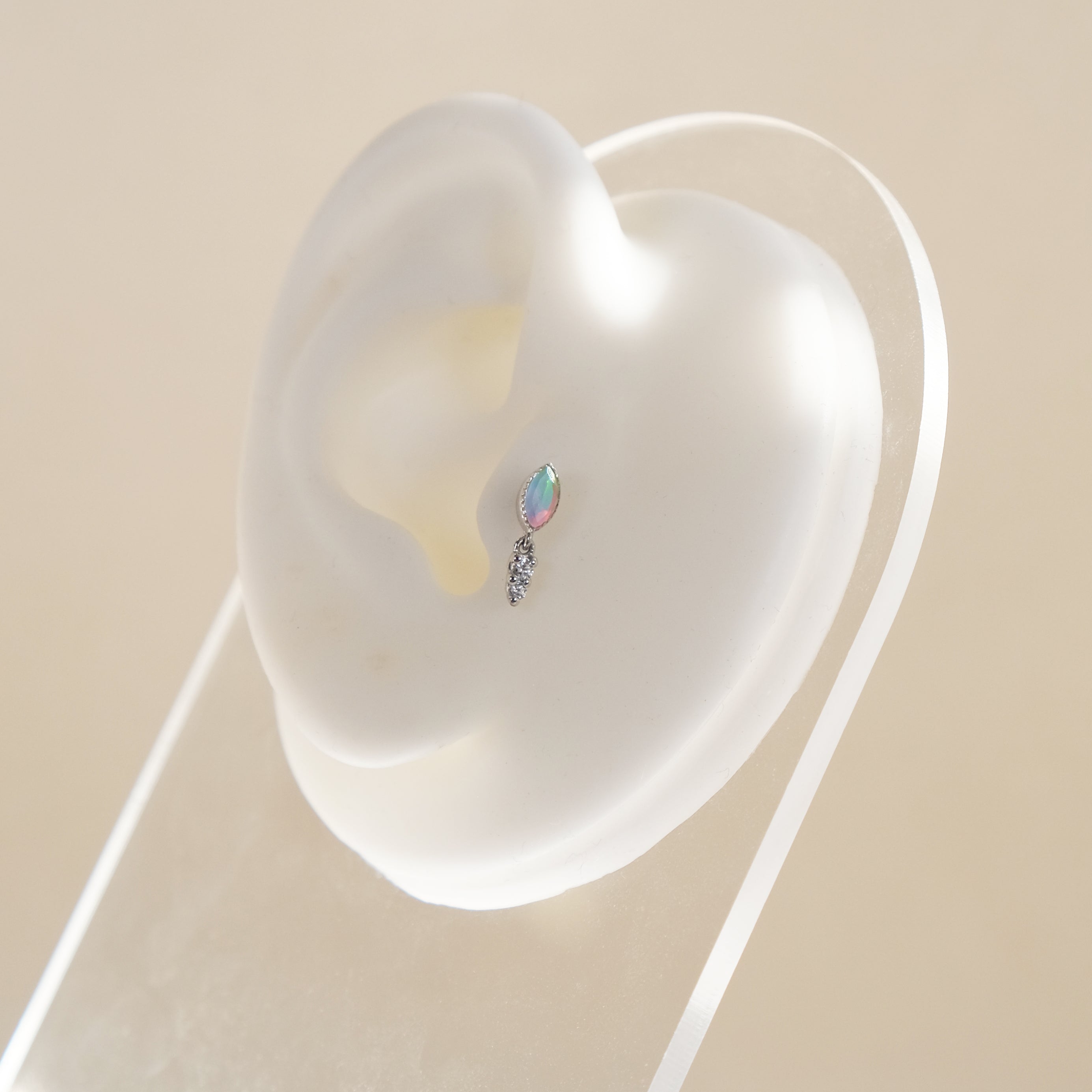 Opal Gemstone Dangle Labret Stud - 14K Solid White Gold