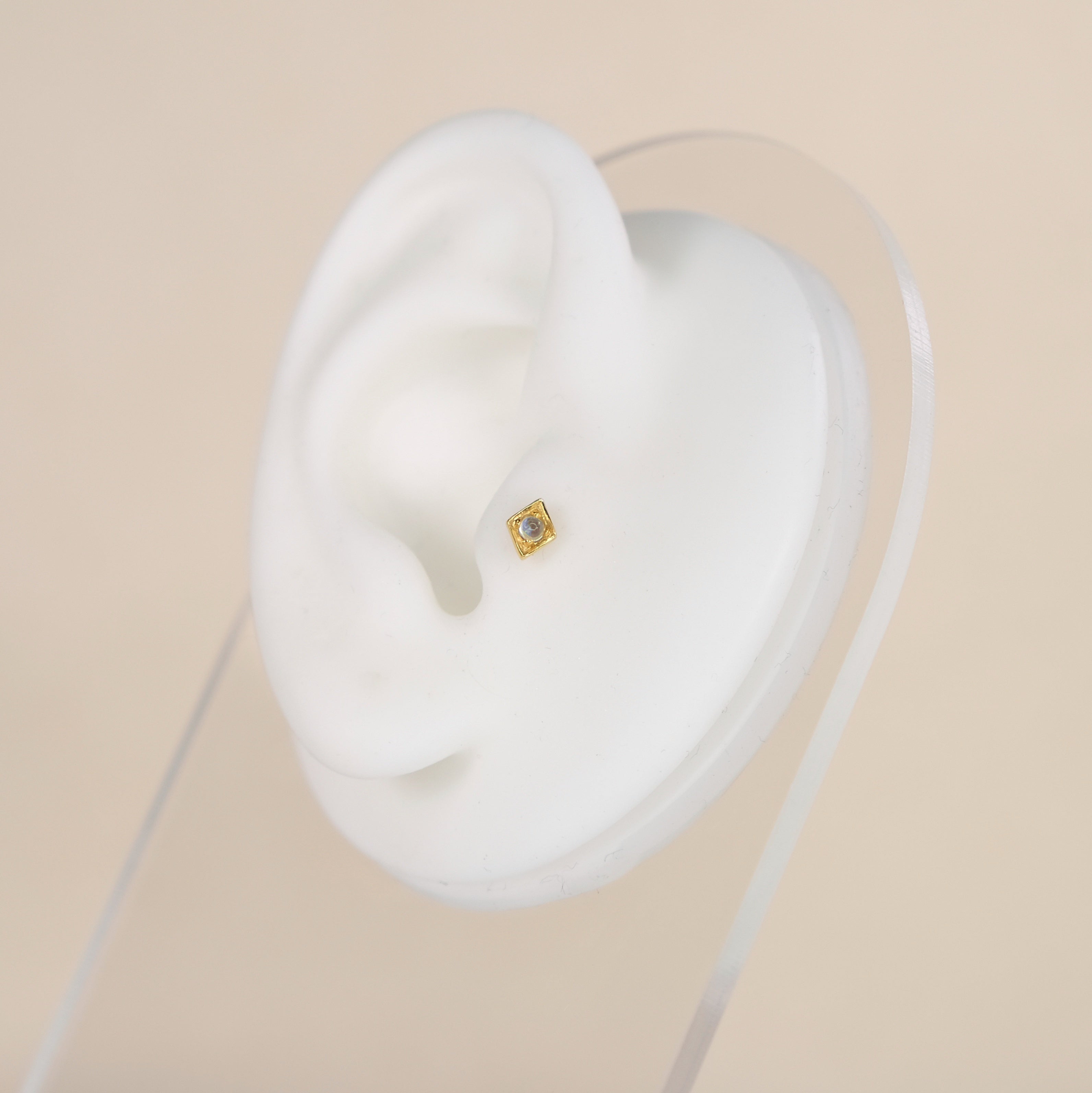 Moonstone Gemstone Tragus Labret Piercing Stud - 14K Solid Yellow Gold