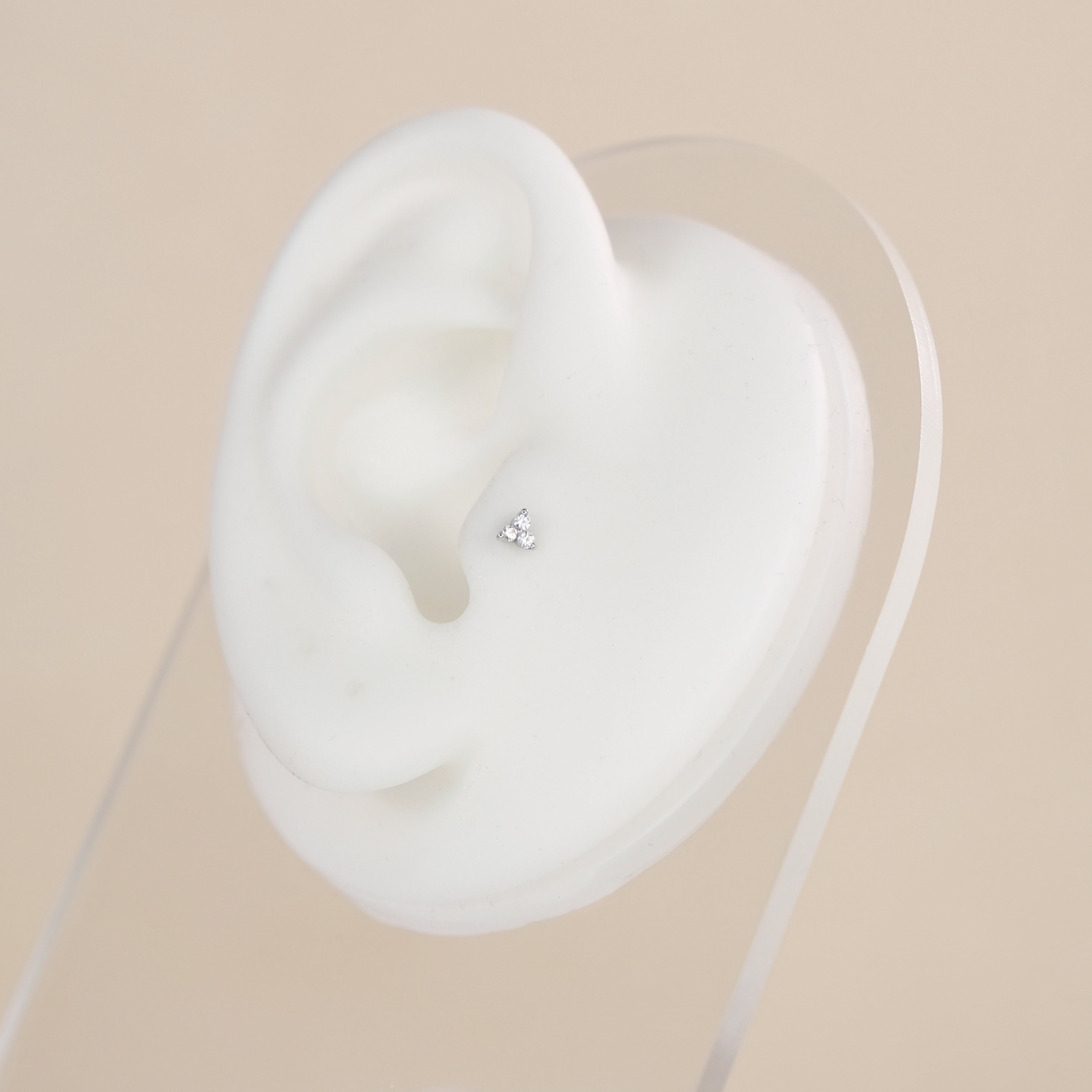 Tiny Trinity Crystal Tragus Helix Labret Stud - 14K Solid White Gold