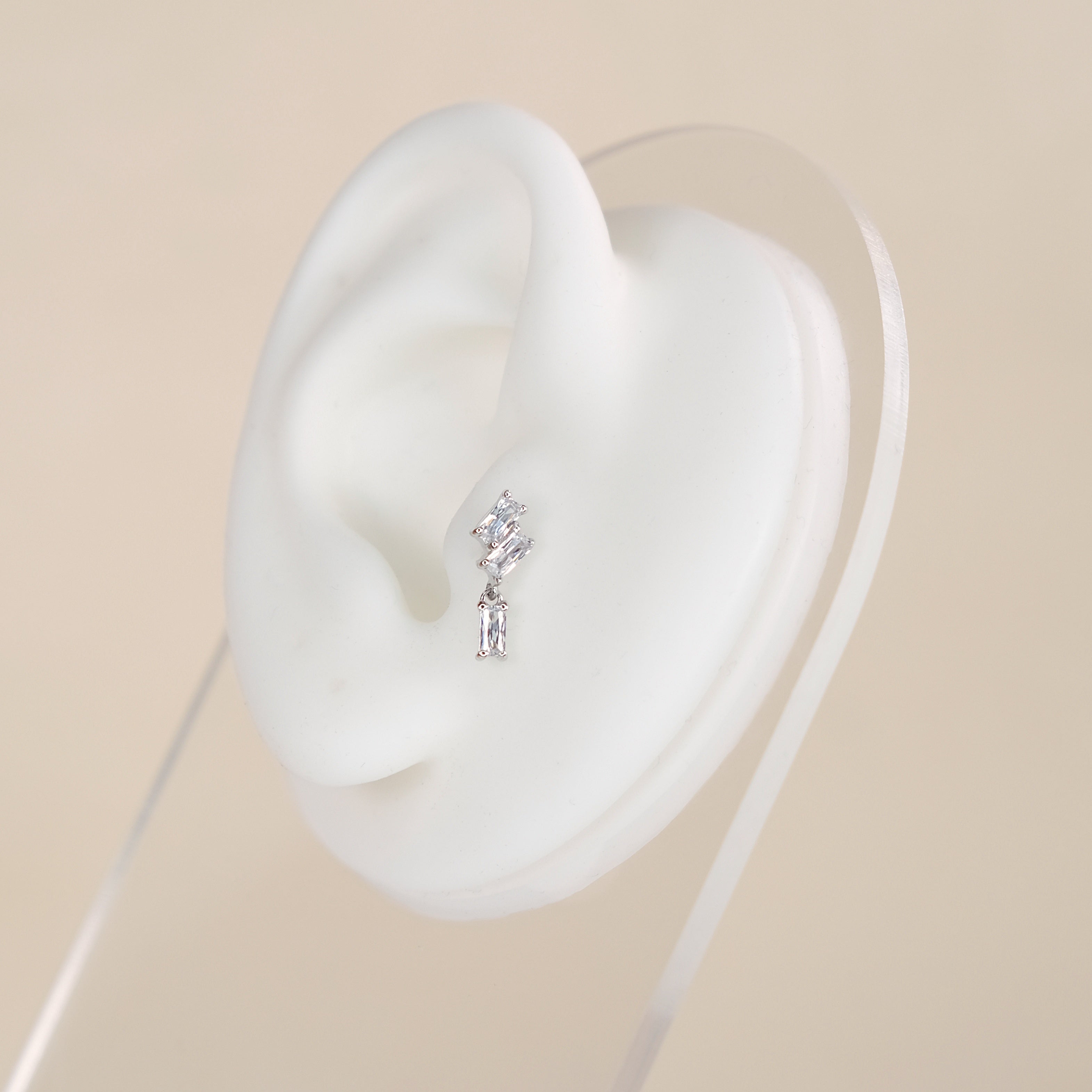Dangle Baguette Helix Labret Piercing Stud - 14K Solid White Gold