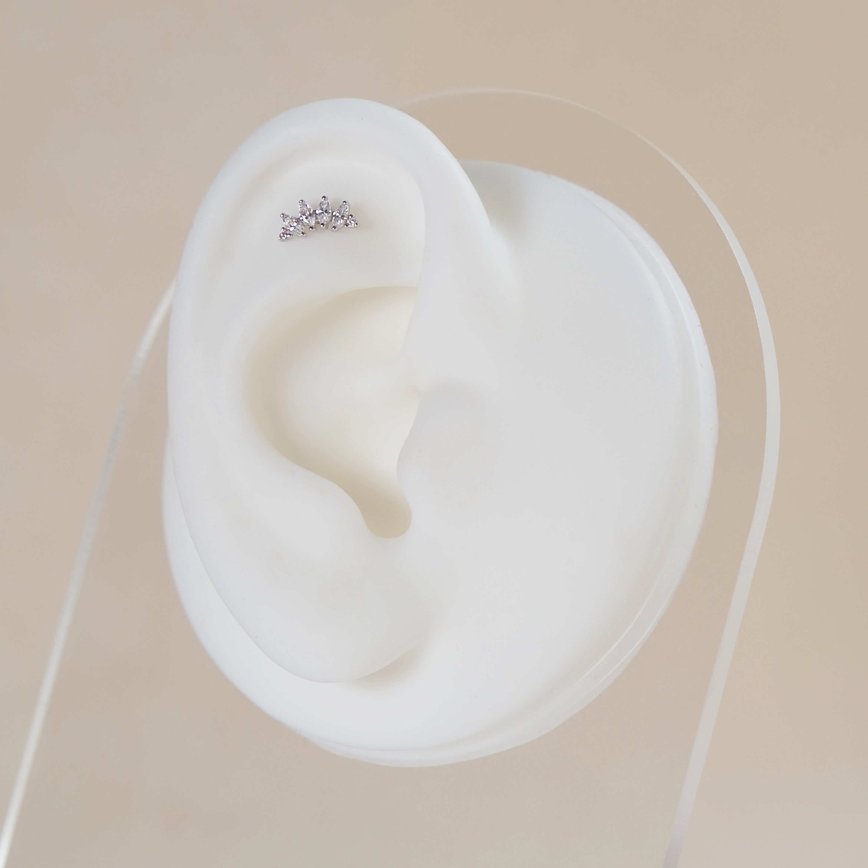 Curved Marquise Crystal Flat Back Labret Stud - 14K Solid White Gold
