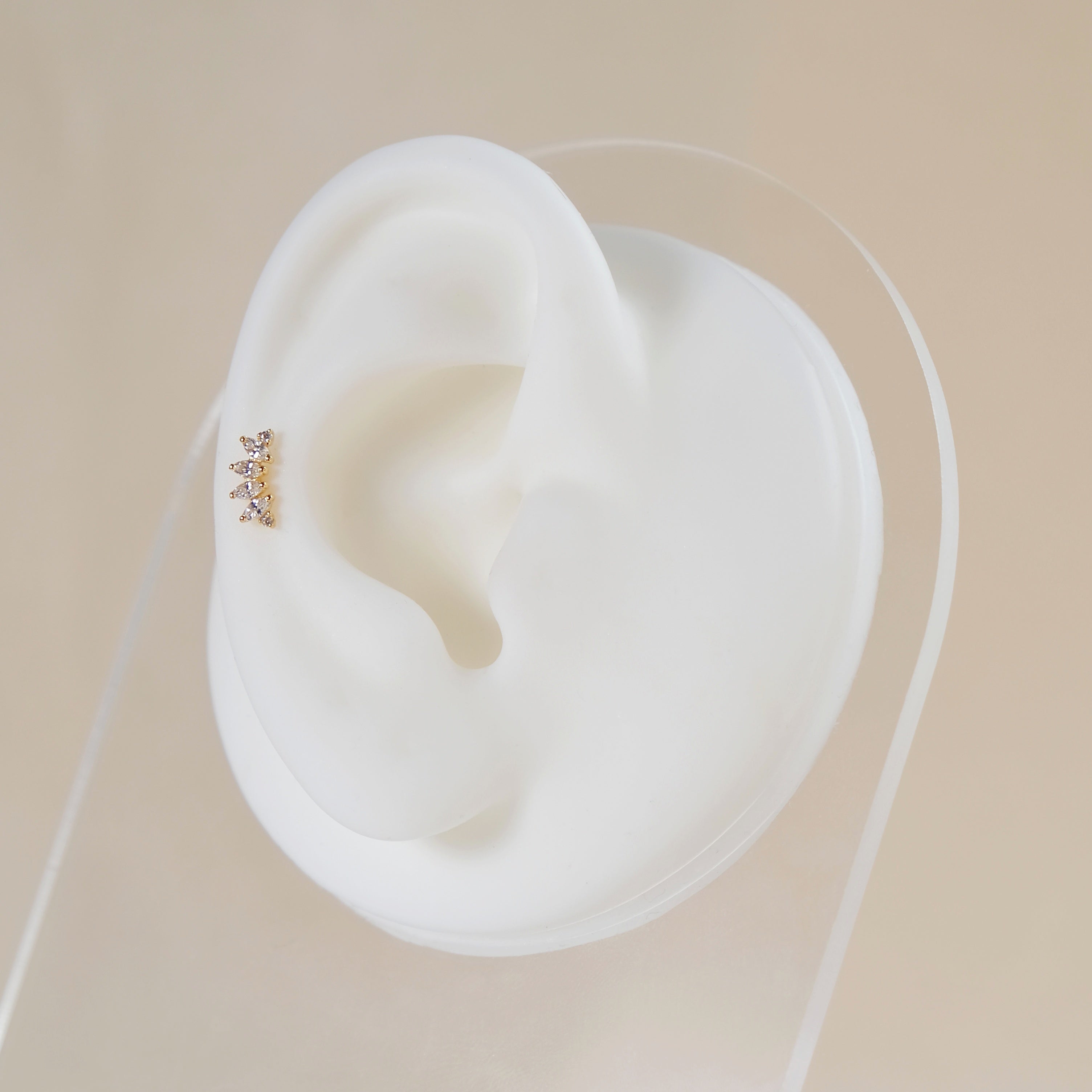 Curved Marquise Crystal Flat Back Labret Stud - 14K Solid Yellow Gold