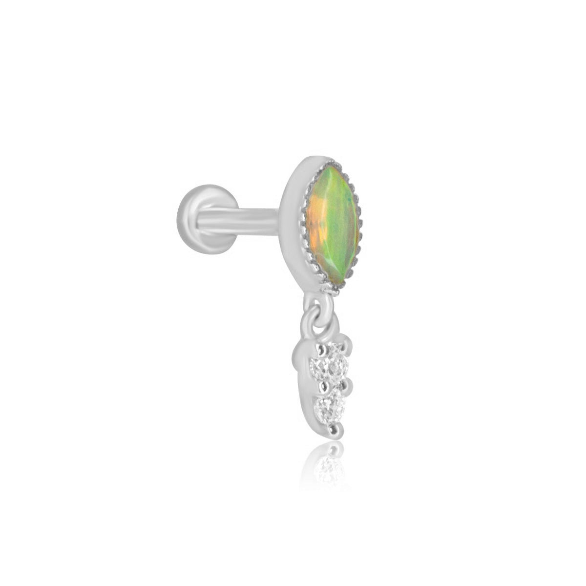 Opal Gemstone Dangle Labret Stud - 14K Solid White Gold